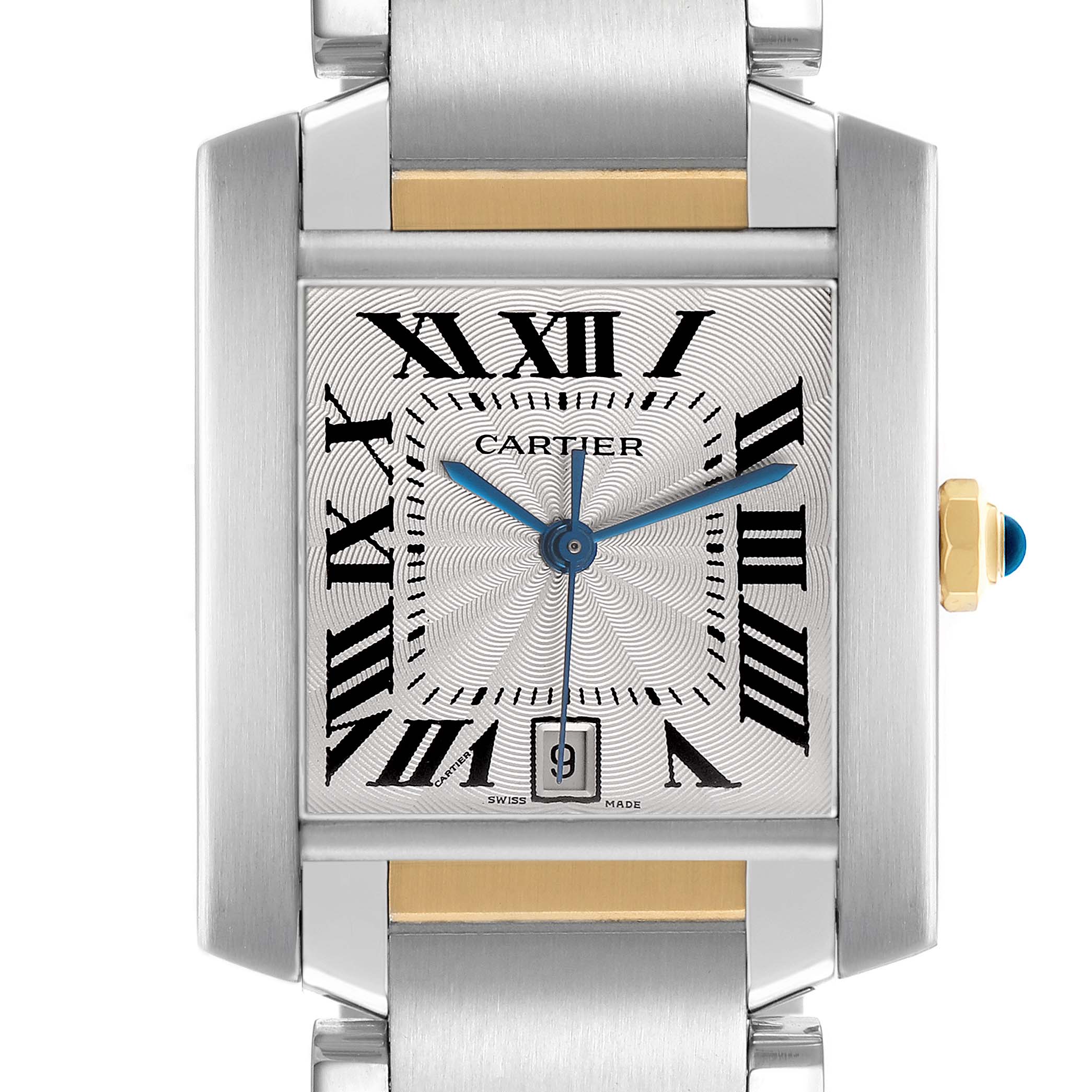 The Cartier Tank Francaise W51005Q4 Men's Stainless Steel Silver Dial watch is shown from the front, highlighting the face, Roman numerals, and side crown with a blue cabochon.