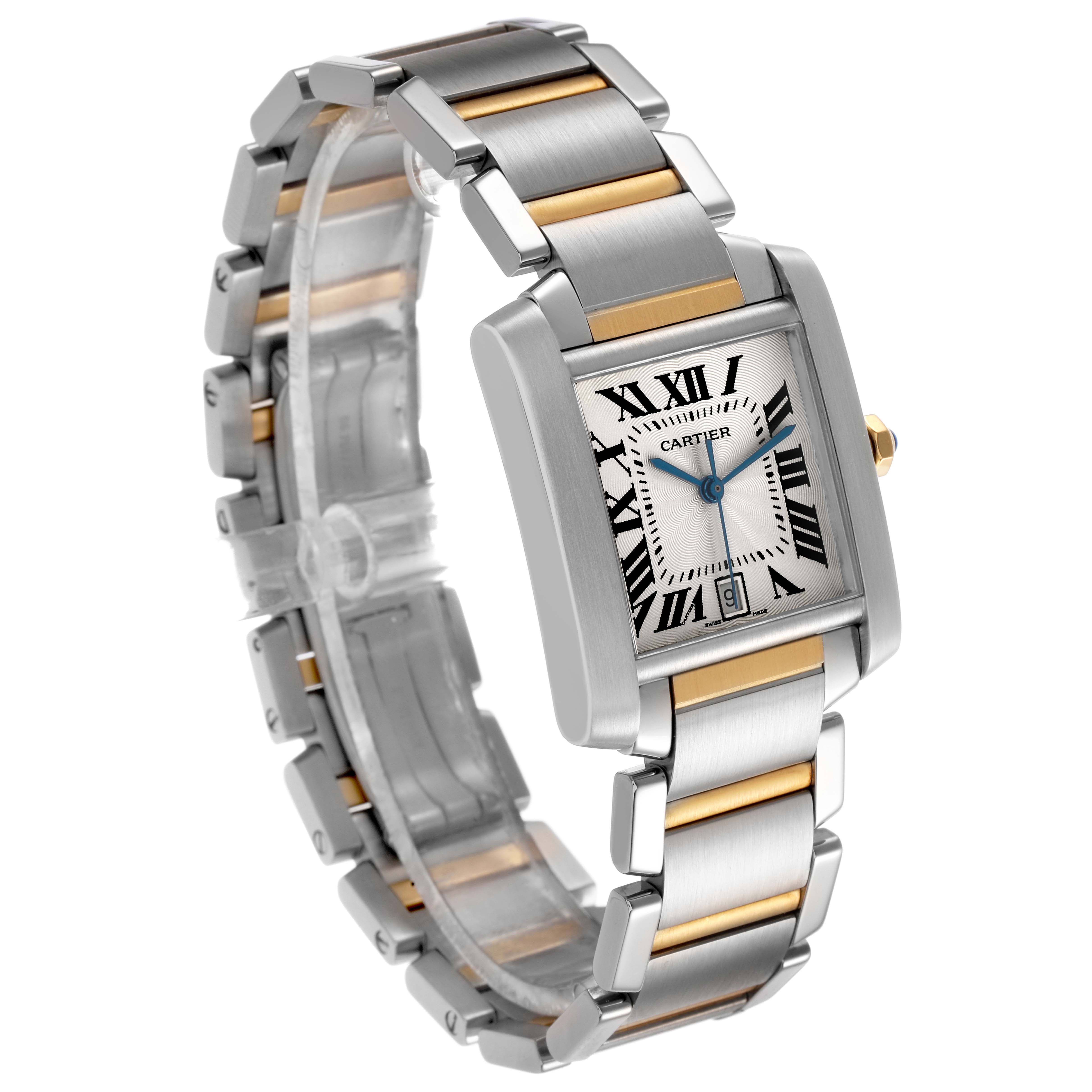 The Cartier Tank Française watch is shown at an angle highlighting its rectangular face, Roman numerals, and two-tone bracelet.