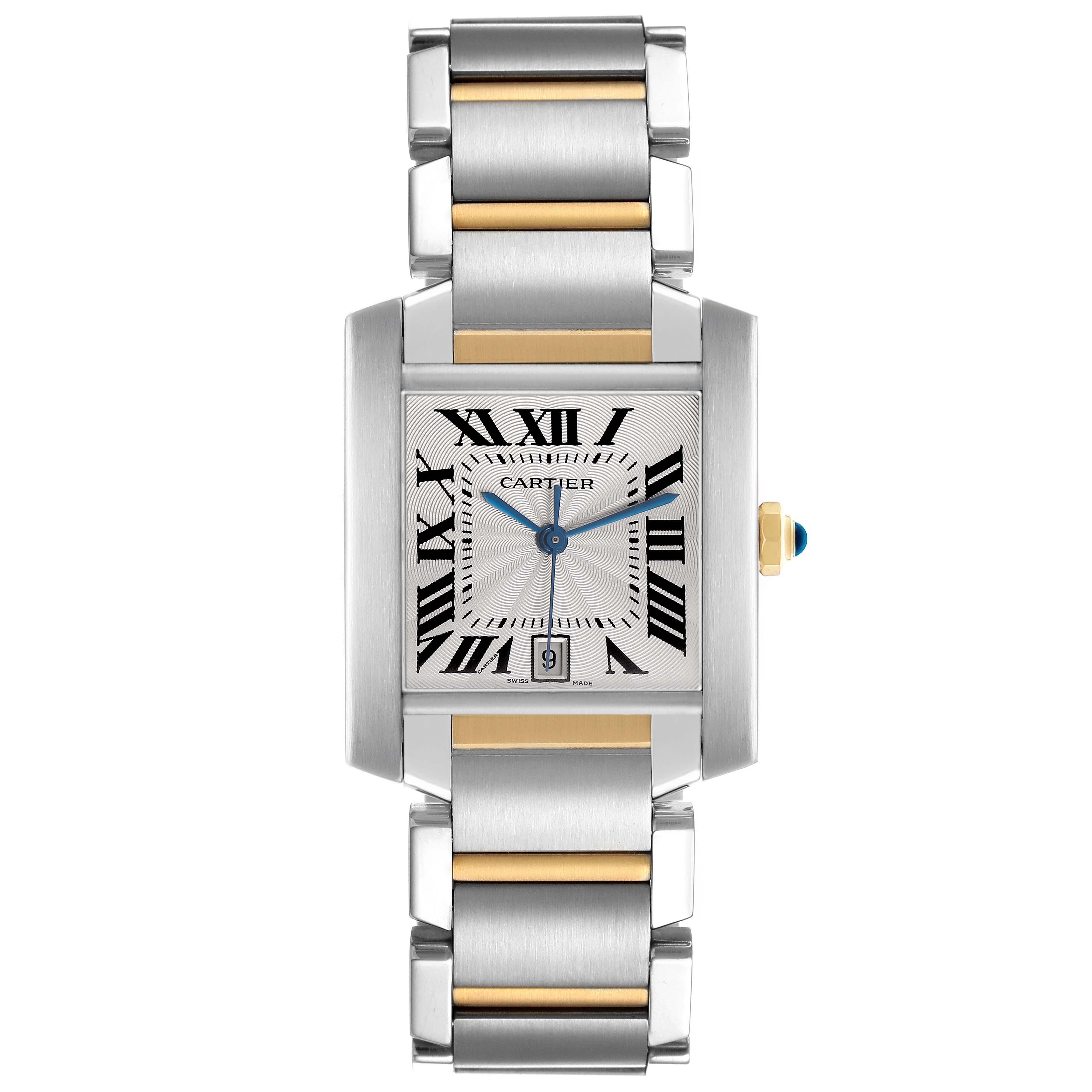 The Cartier Tank Francaise W51005Q4 Men's Stainless Steel Silver Dial watch is shown from a top-down angle, highlighting the face, bracelet, and crown.