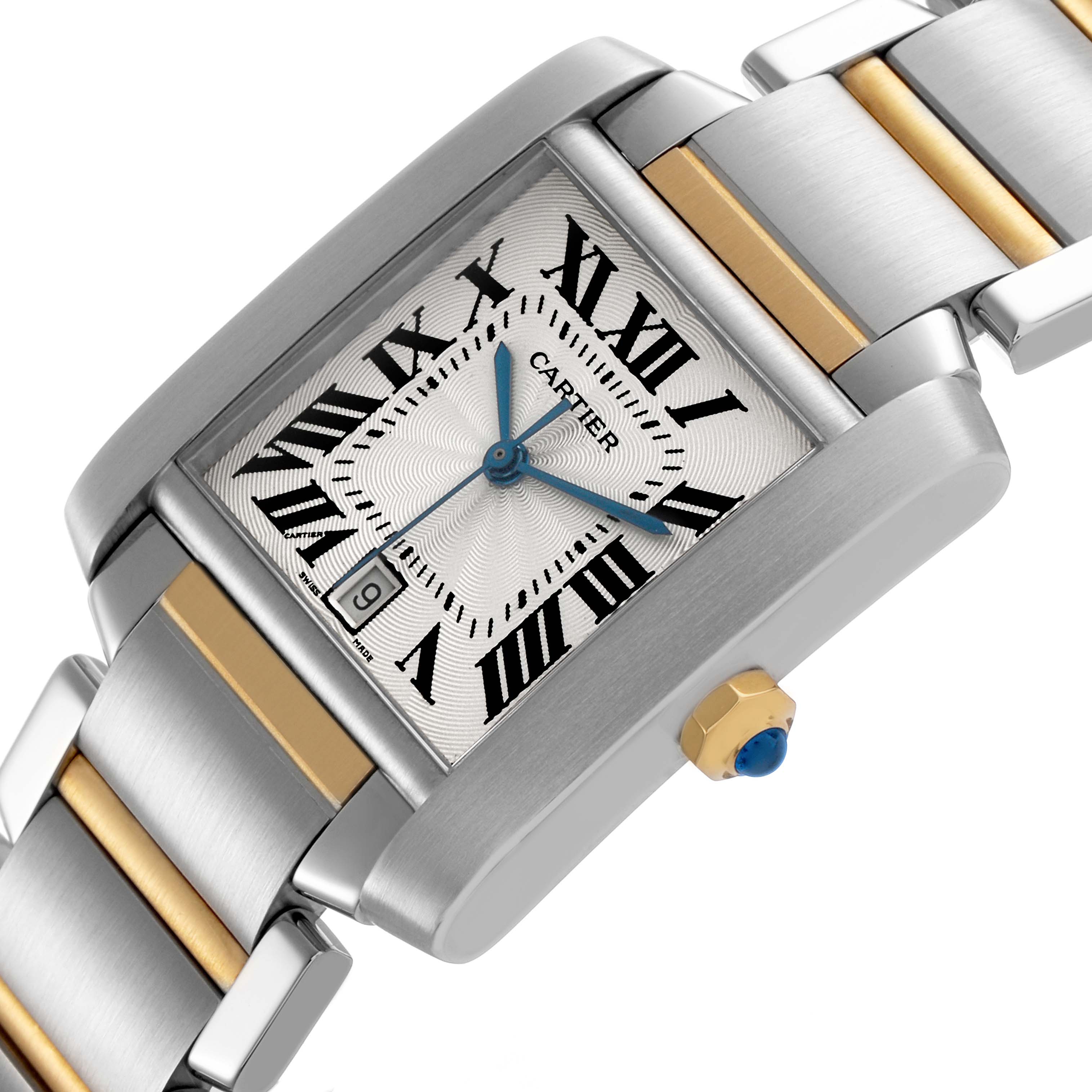 The Cartier Tank Française watch is shown at an angled view, highlighting the face, crown, and two-tone bracelet.