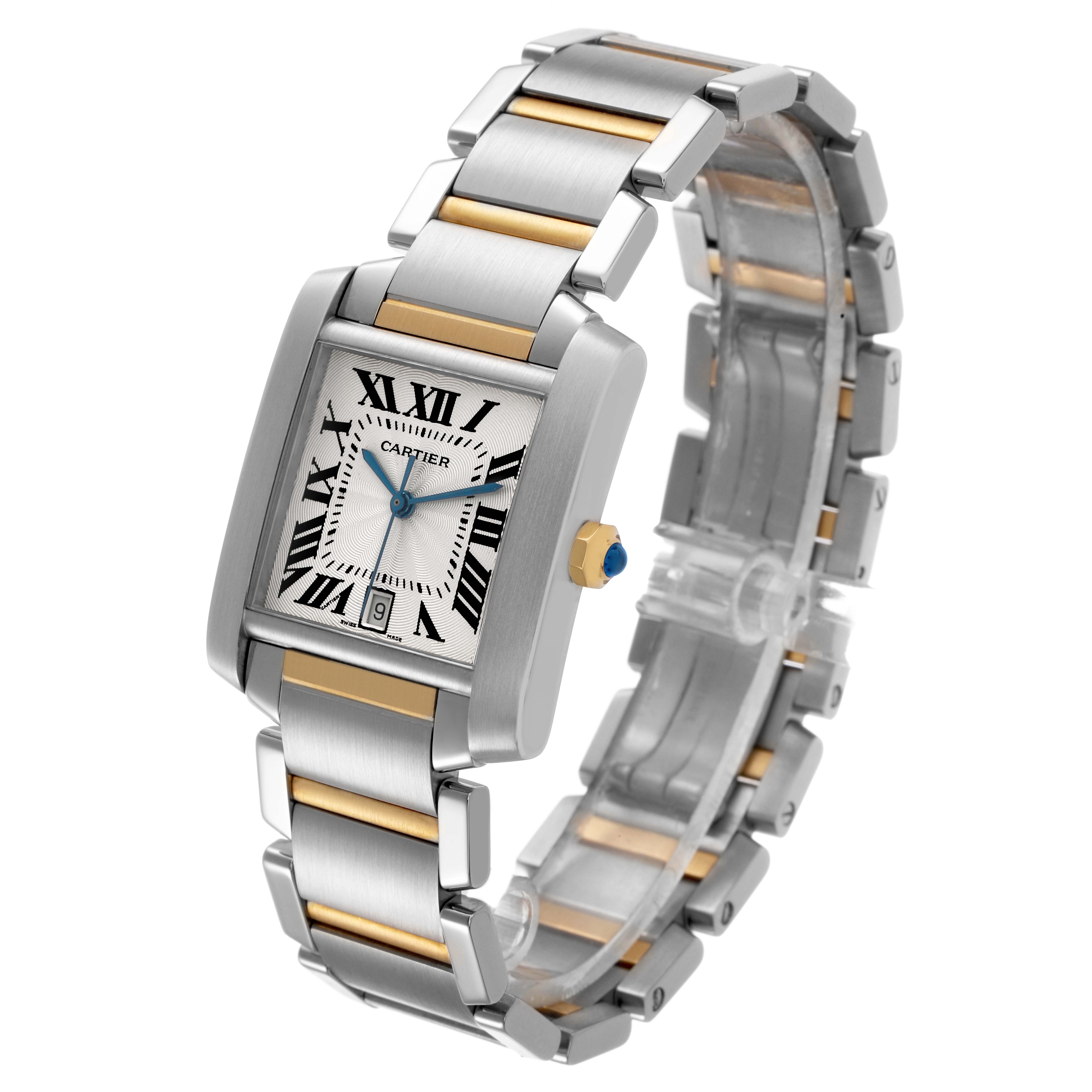 The Cartier Tank Française watch is shown from a three-quarter angle, displaying the face, crown, and bracelet.