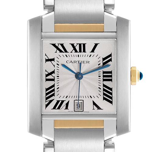 The image shows a close-up of the Cartier Tank Francaise W51005Q4 Men's Stainless Steel Silver Dial watch face, featuring Roman numerals and a date window.