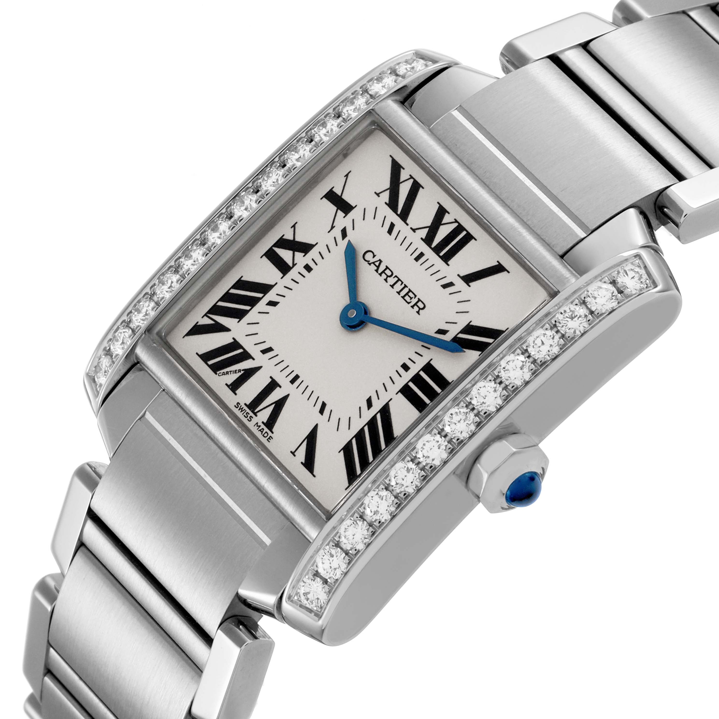The Cartier Tank Francaise W4TA0009 Women's Stainless Steel Silver Dial watch is shown at an angled close-up, displaying the face, Roman numerals, and jeweled bezel.