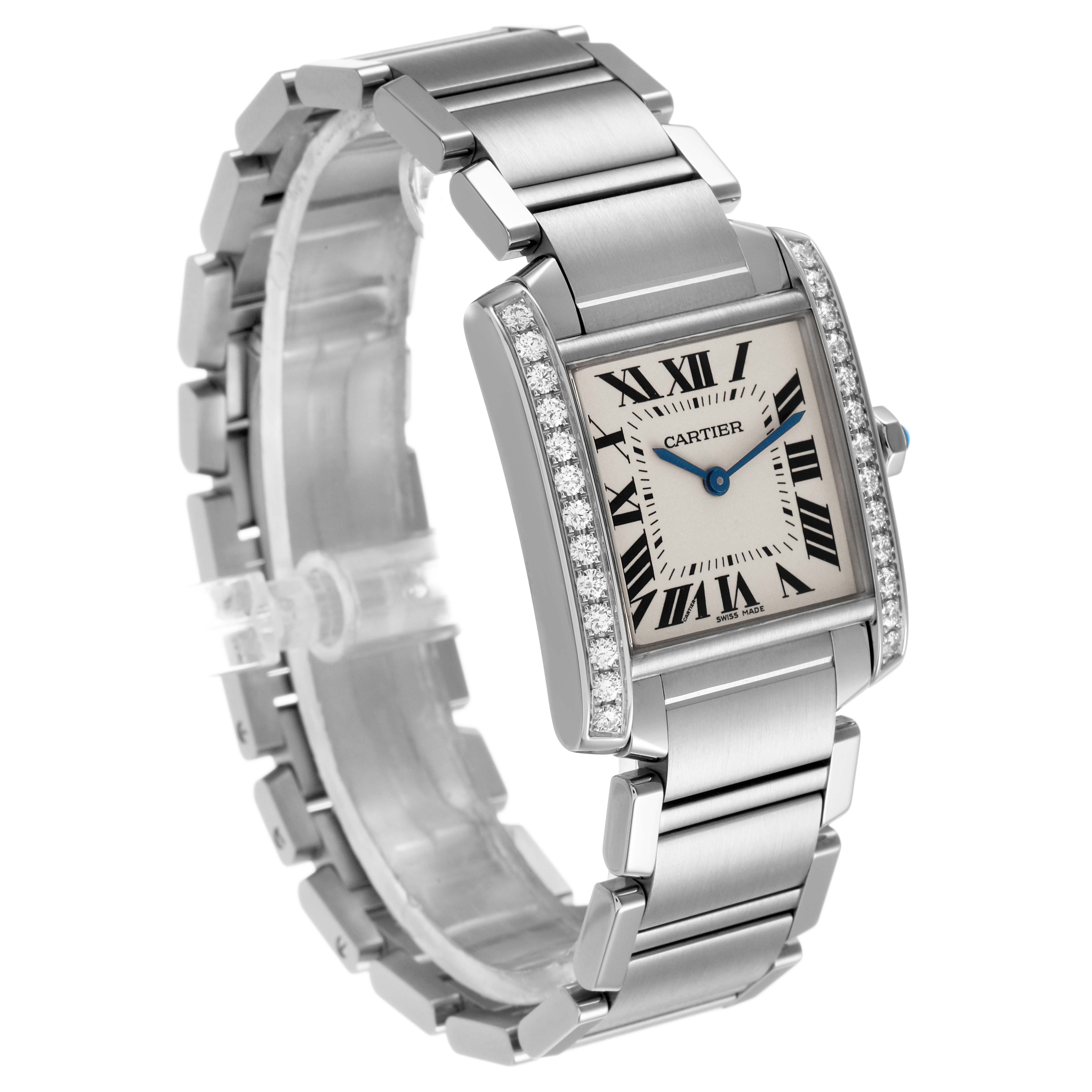 The Cartier Tank Francaise W4TA0009 Women's Stainless Steel Silver Dial watch is shown at a three-quarter angle, highlighting its rectangular face, stainless steel bracelet, and diamond accents.