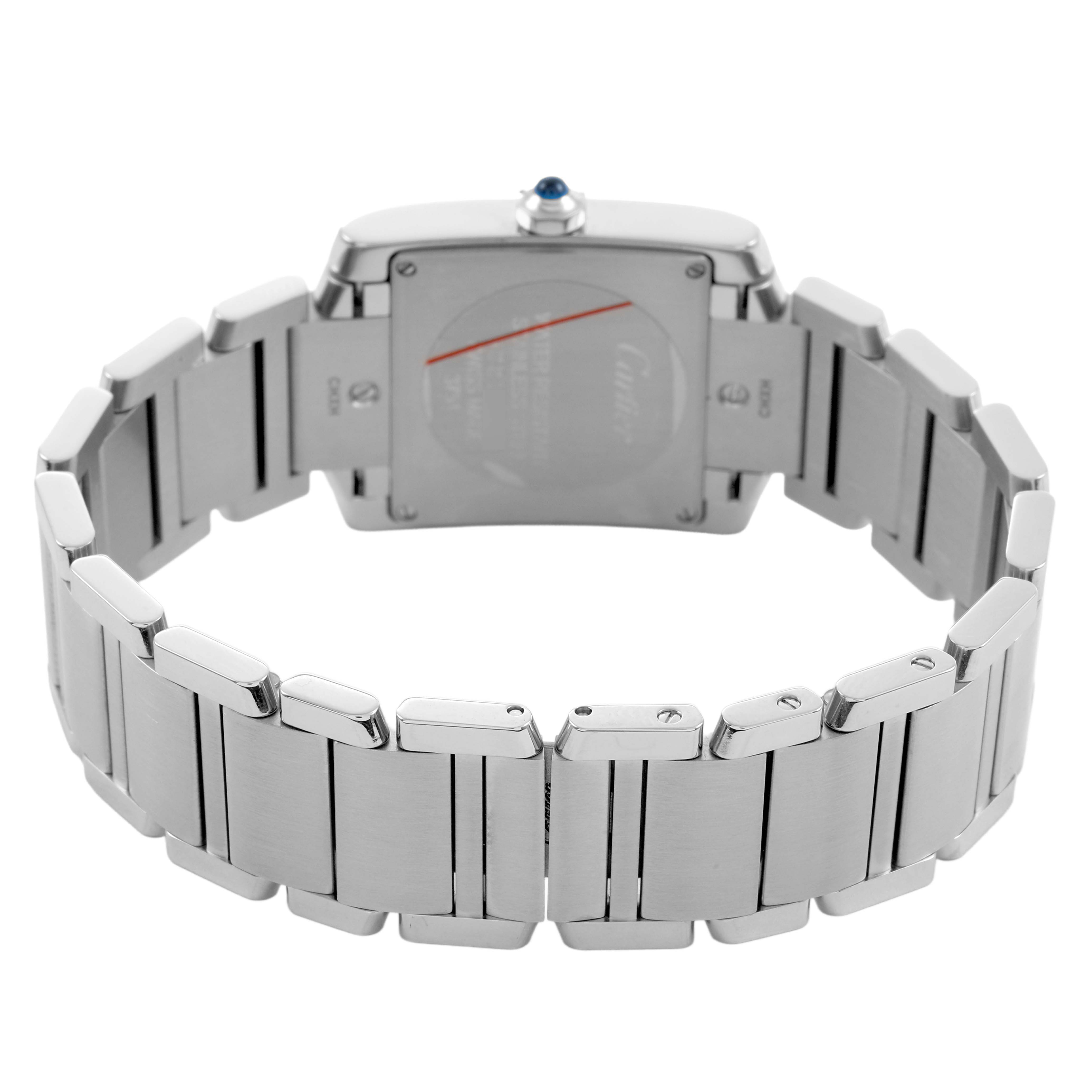 The image shows the back view of a Cartier Tank Francaise W4TA0009 Women's Stainless Steel Silver Dial watch, highlighting the bracelet and case back.