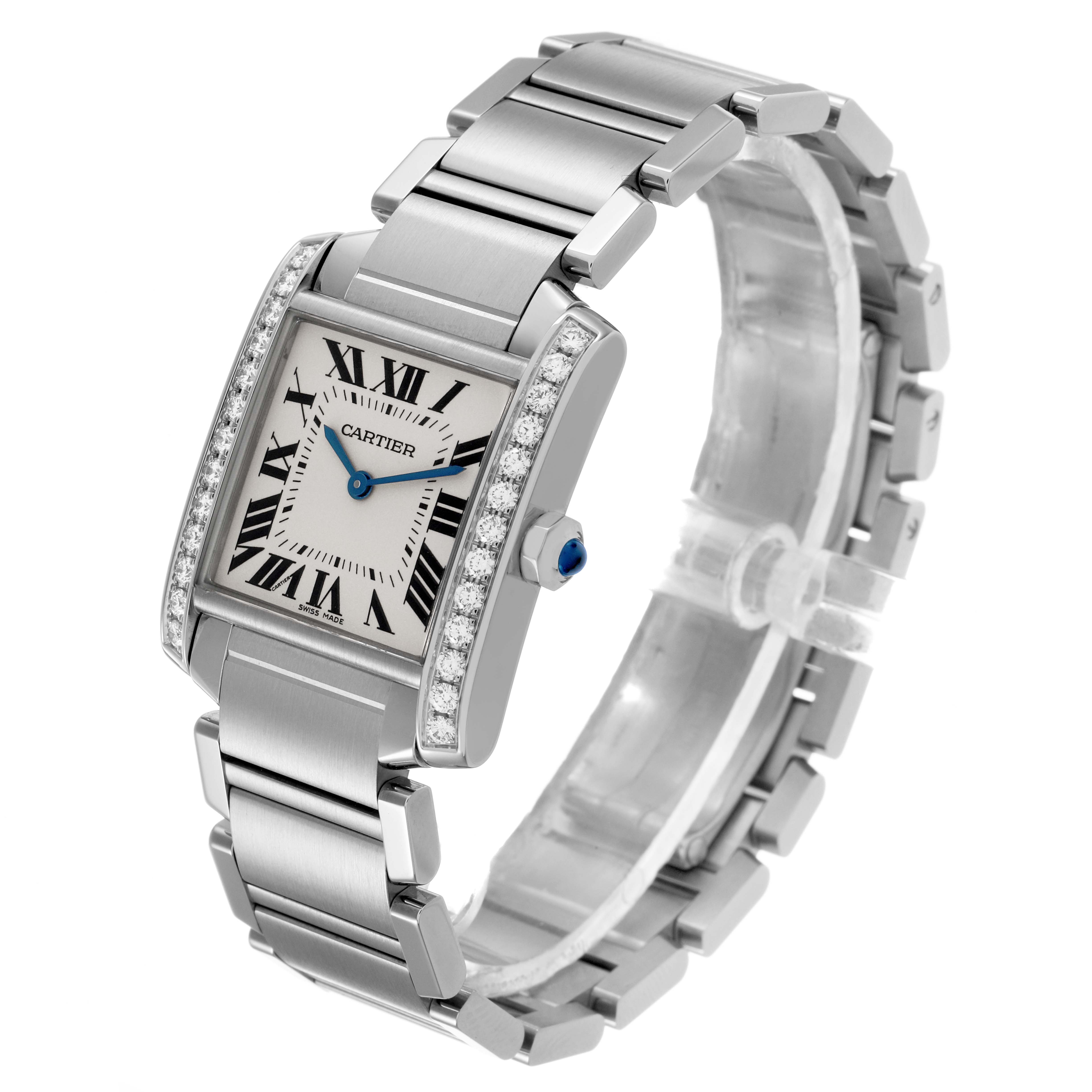 The Cartier Tank Francaise W4TA0009 Women's Stainless Steel Silver Dial watch is angled to show the face, bracelet, and side detailing with diamond accents.