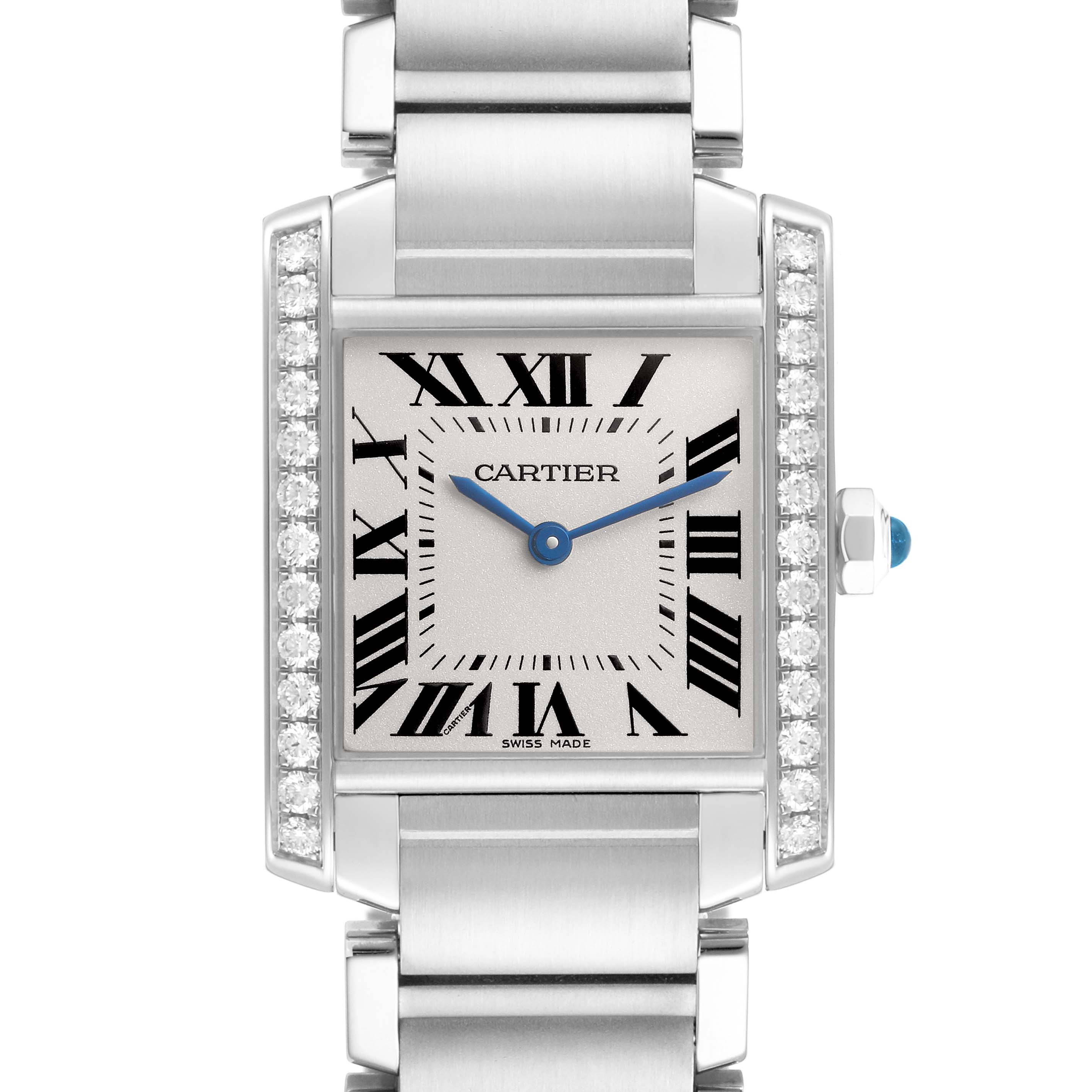 The Cartier Tank Francaise W4TA0009 Women's Stainless Steel Silver Dial watch is shown from the front, highlighting the dial, Roman numerals, bracelet, and diamond accents.