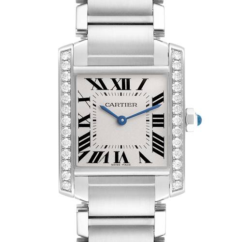 The Cartier Tank Francaise W4TA0009 Women's Stainless Steel Silver Dial watch is shown from the front, highlighting the dial, bracelet, and diamond accents.