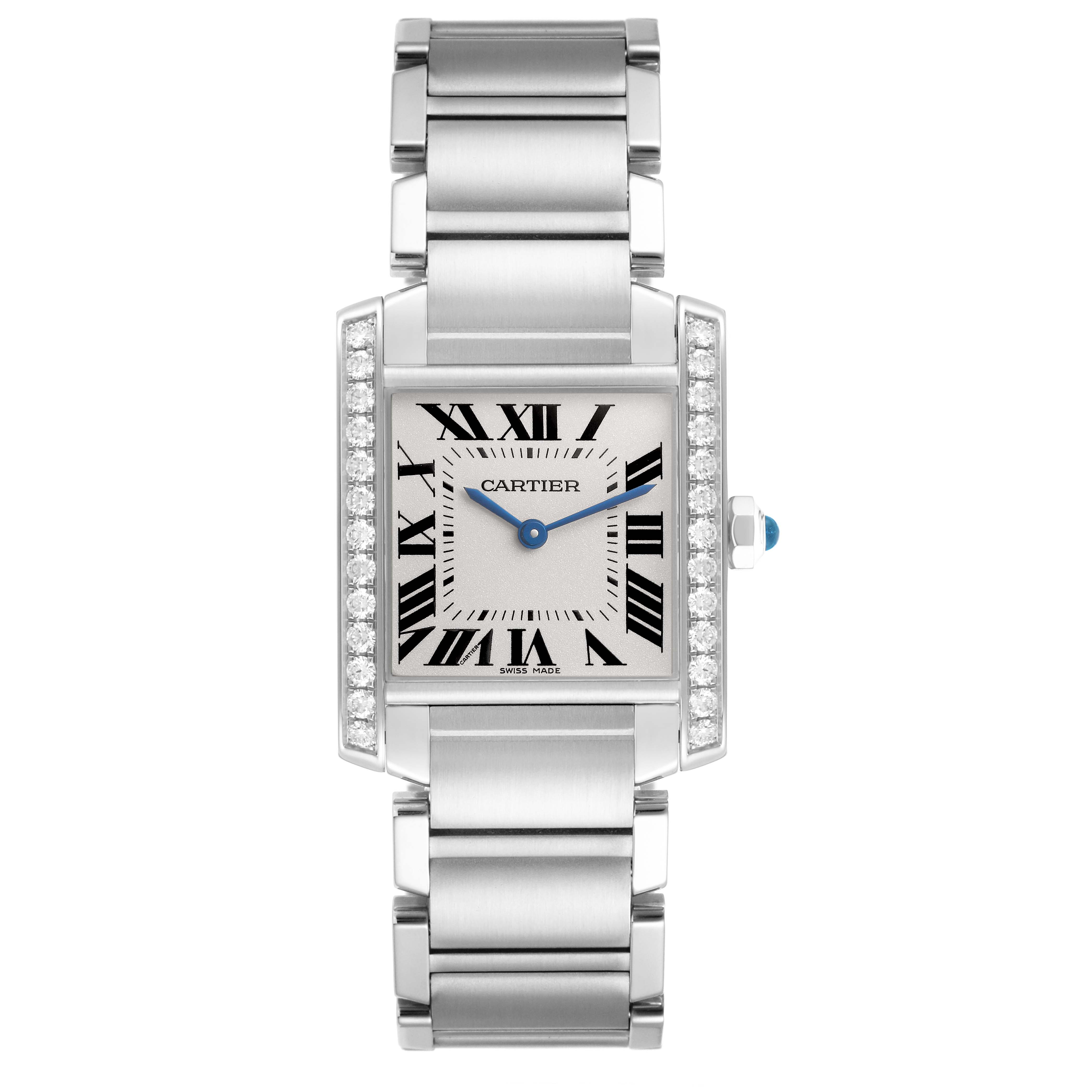The Cartier Tank Française watch is shown from the front, displaying the face, bracelet, and decorated bezel.