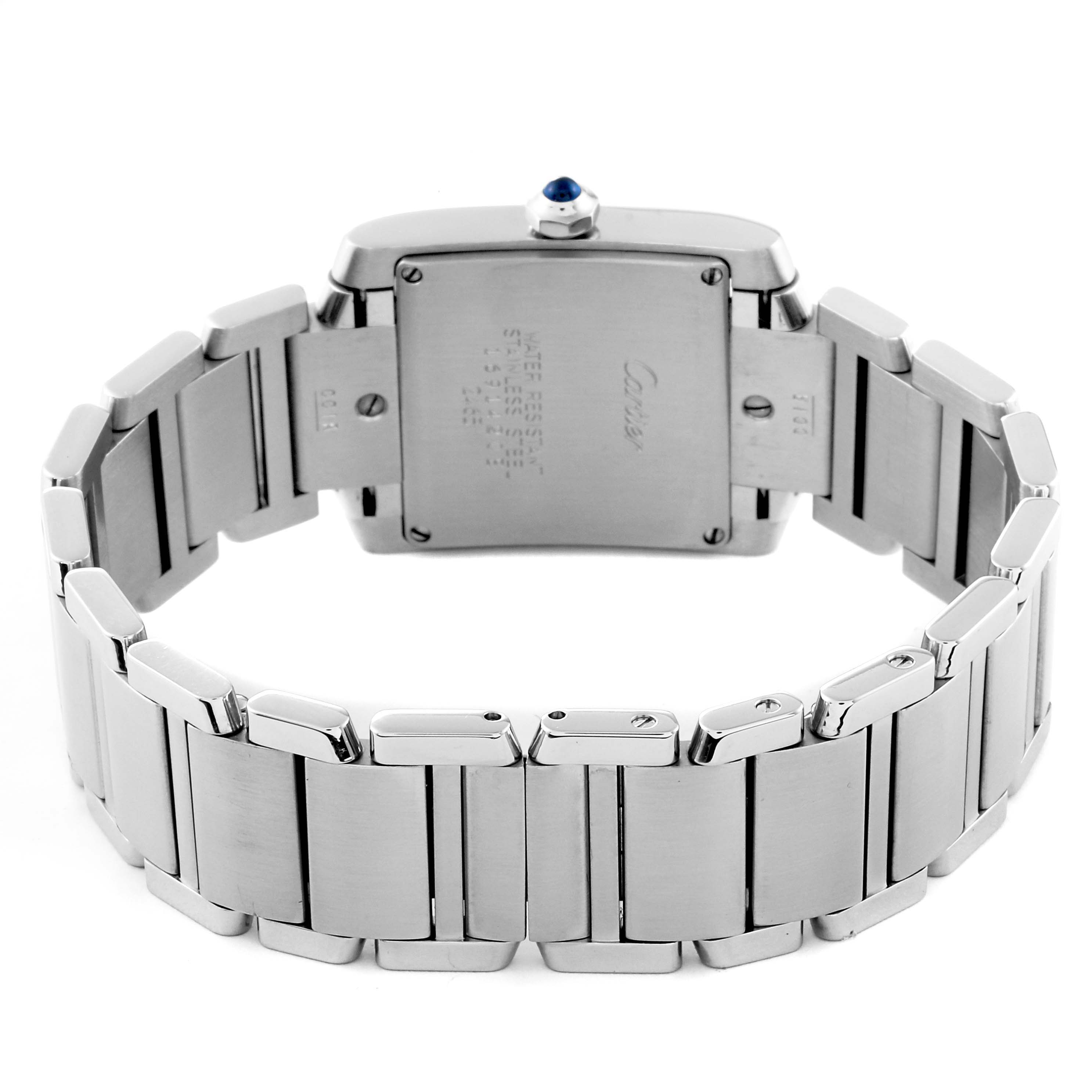 The image shows the back and bracelet of a Cartier Tank Francaise W51011Q3 Women
s Stainless Steel Silver Dial W51011Q3 Women
s Stainless Steel Silver Dial watch, highlighting its stainless steel links.
