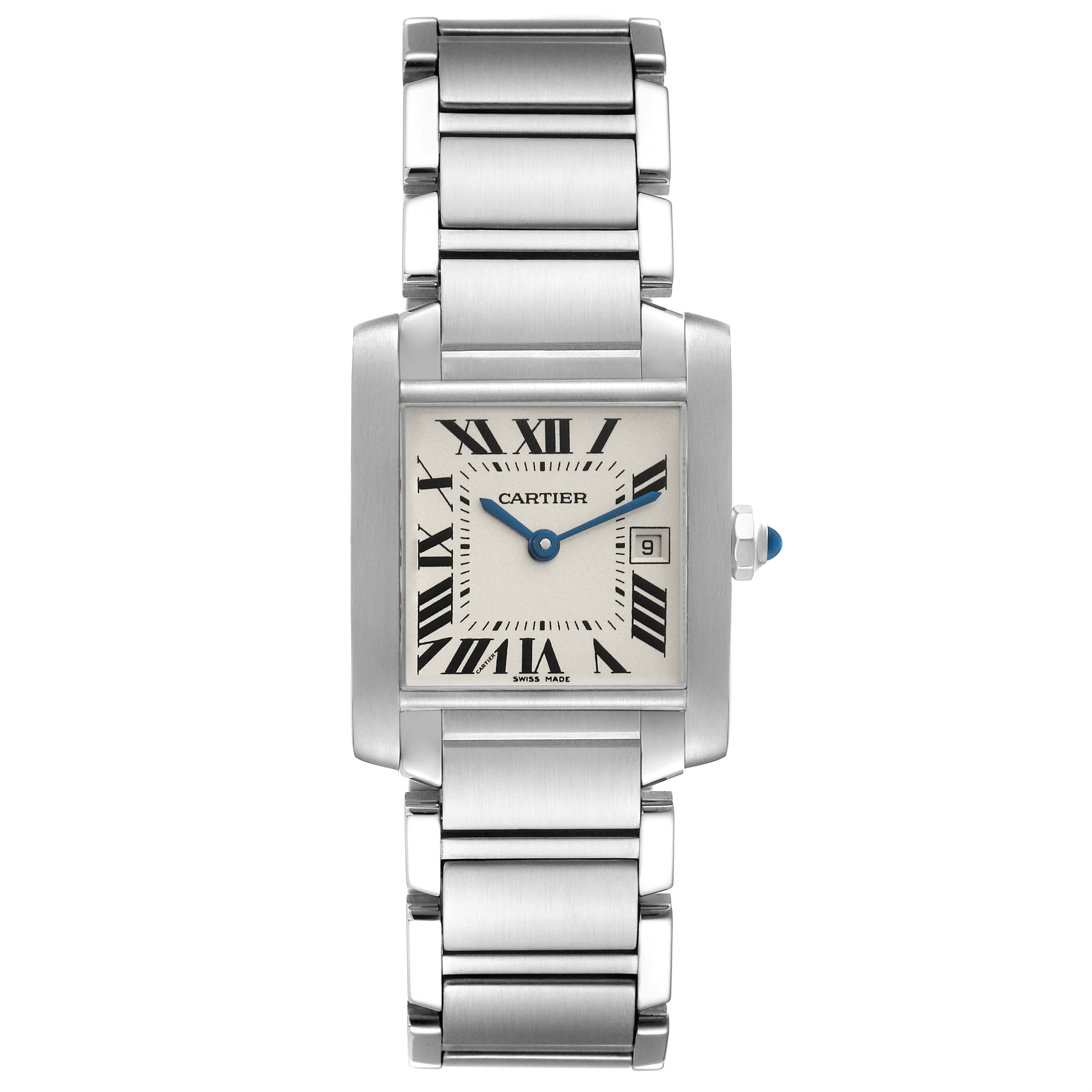 The Cartier Tank Francaise W51011Q3 Women
s Stainless Steel Silver Dial W51011Q3 Women
s Stainless Steel Silver Dial watch is shown from a front perspective, displaying its rectangular dial, Roman numerals, and metal bracelet.