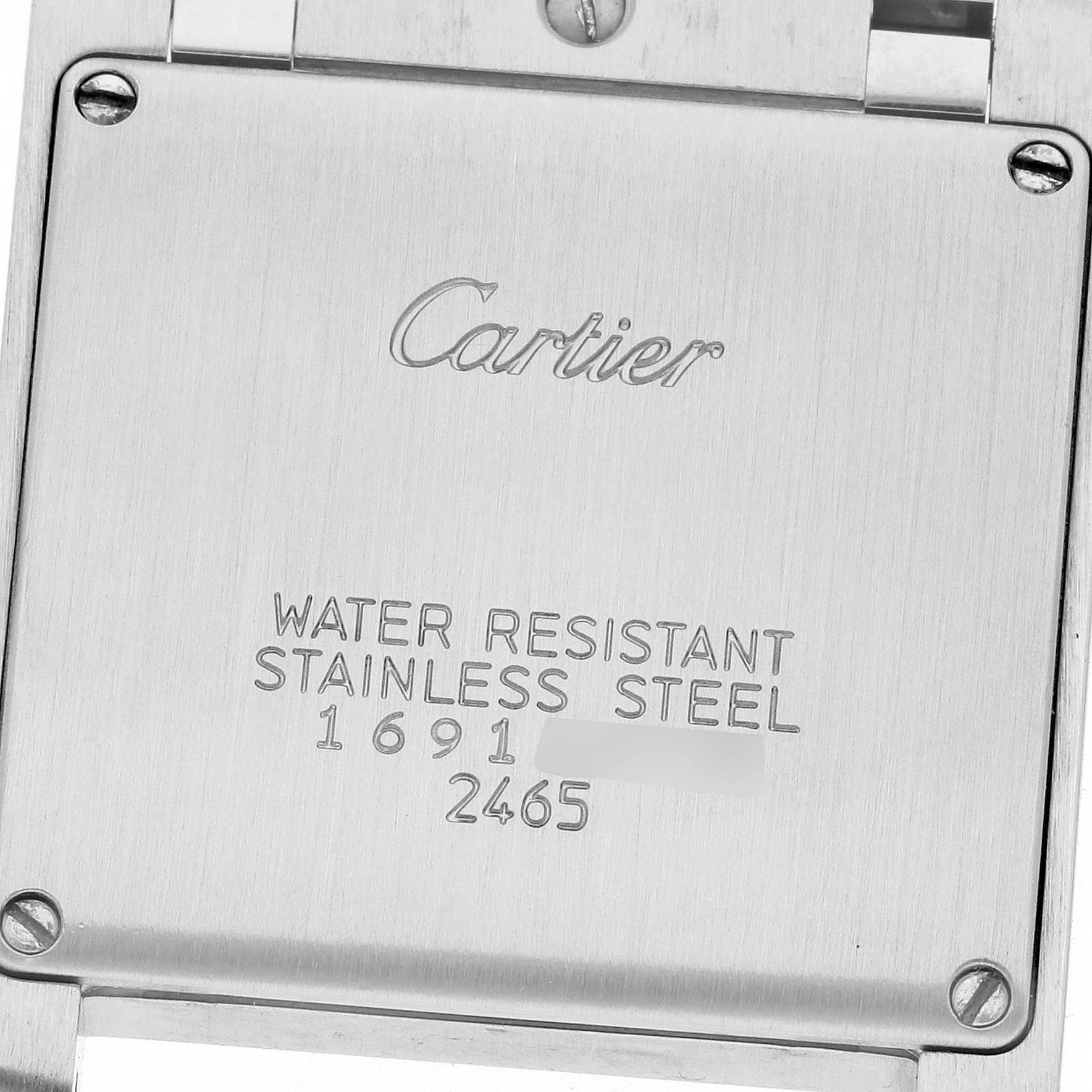 This image shows the back case of a Cartier Tank Francaise W51011Q3 Women
s Stainless Steel Silver Dial W51011Q3 Women
s Stainless Steel Silver Dial watch, highlighting its brand engraving and water resistance details.