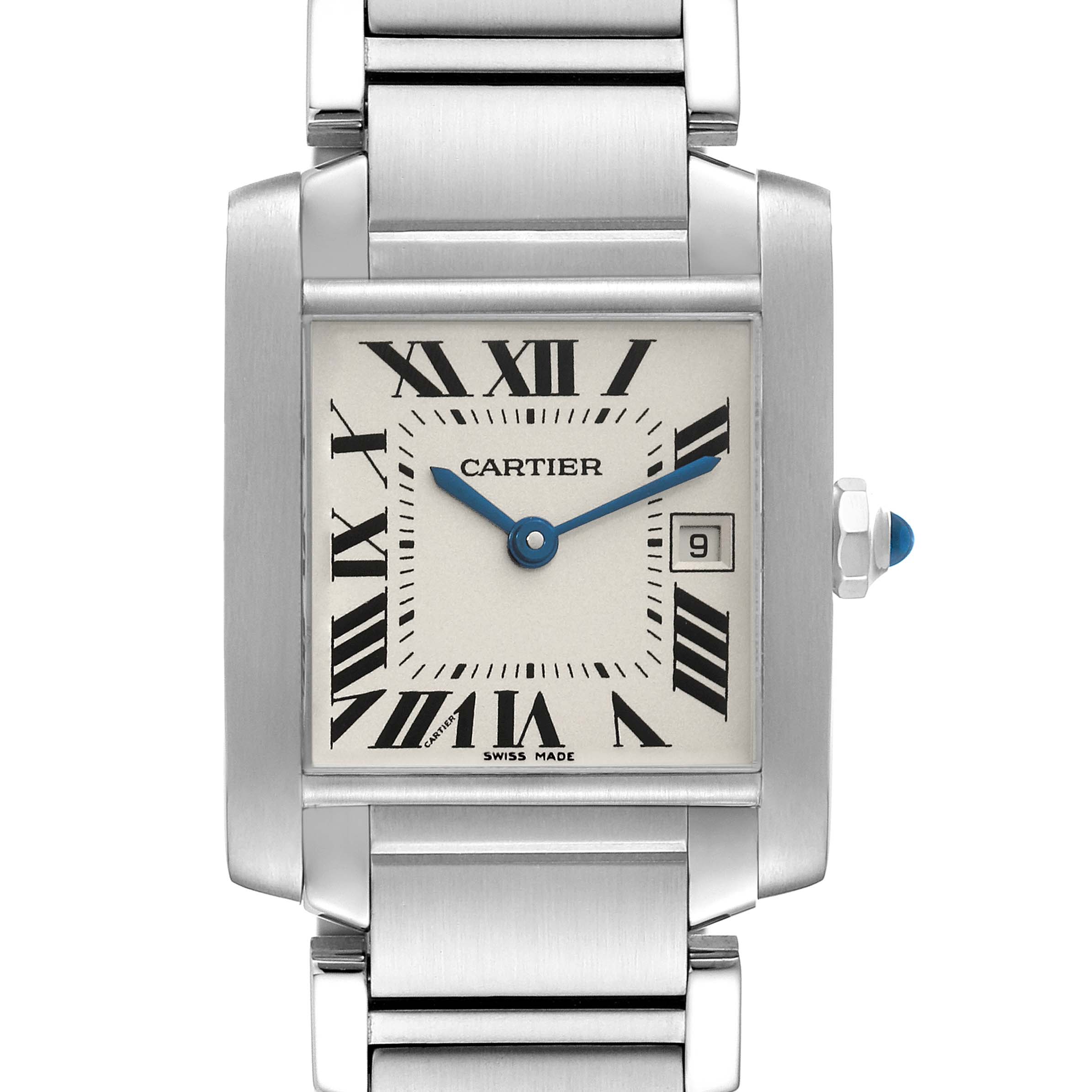 This image shows a front view of the Cartier Tank Francaise W51011Q3 Women
s Stainless Steel Silver Dial W51011Q3 Women
s Stainless Steel Silver Dial watch, displaying its dial, bezel, bracelet, and crown.