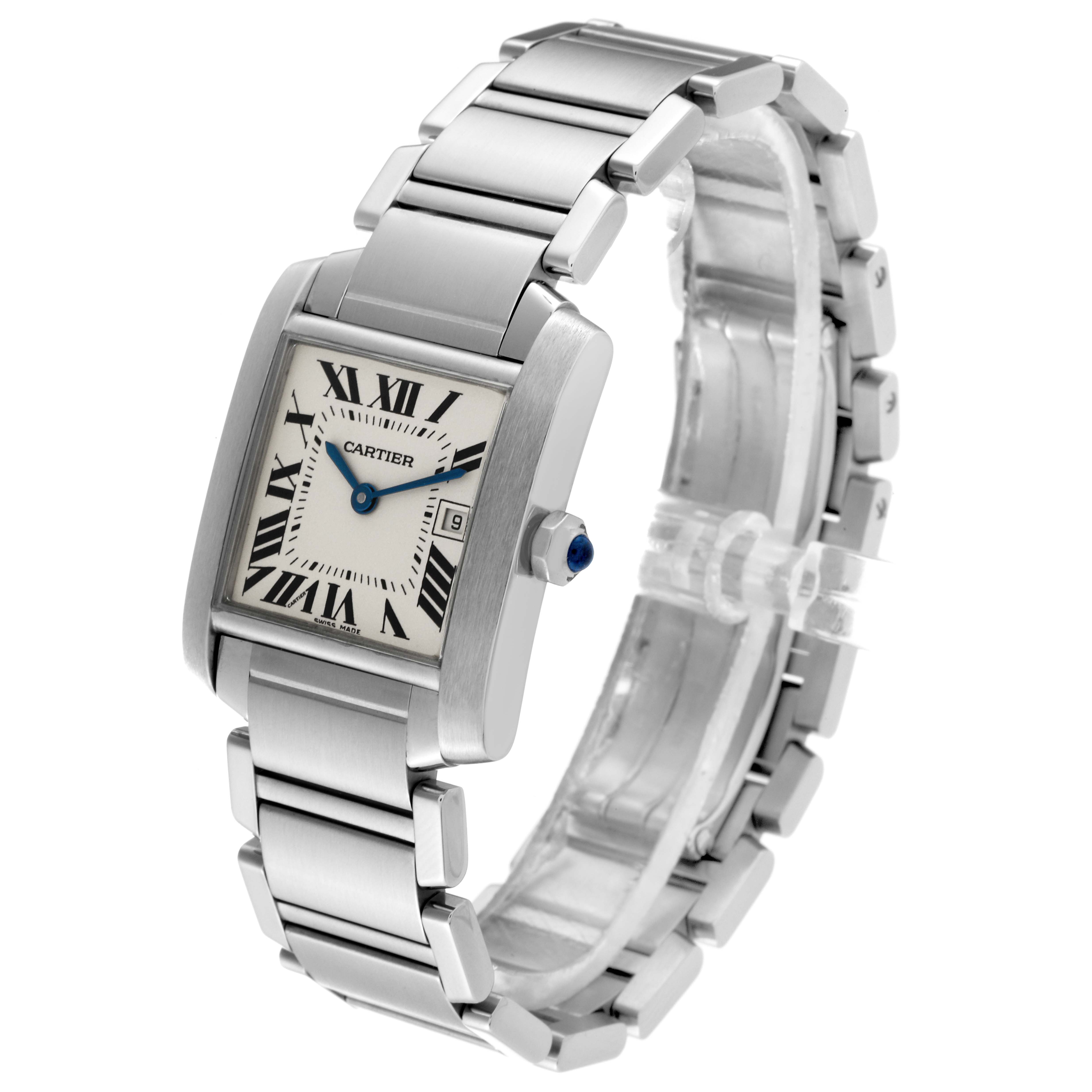 The image shows a Cartier Tank Francaise W51011Q3 Women
s Stainless Steel Silver Dial W51011Q3 Women
s Stainless Steel Silver Dial watch at a three-quarter angle, highlighting its face, bracelet, and side profile.