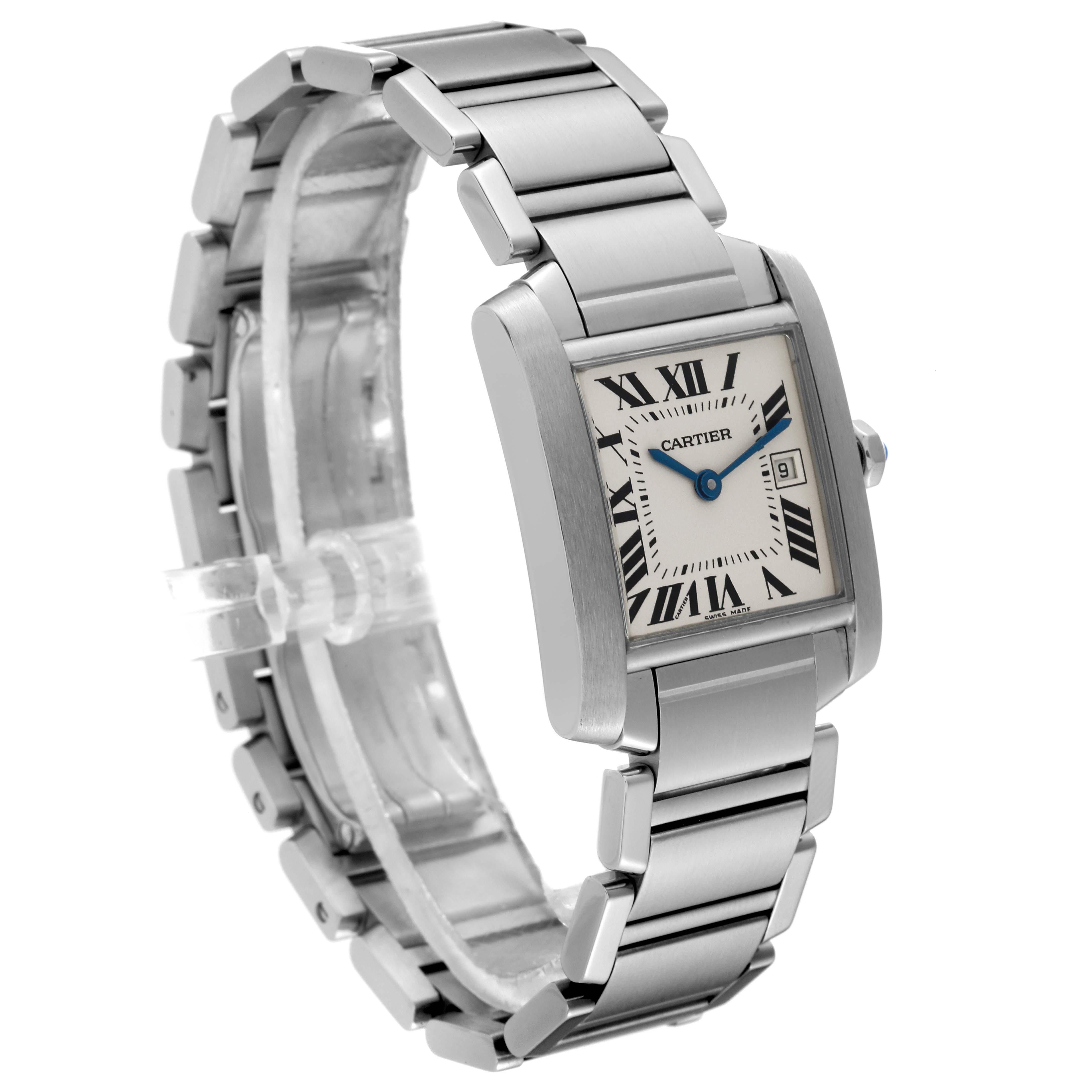 The image shows a side perspective of the Cartier Tank Française watch, displaying the bracelet, case, dial, and crown.