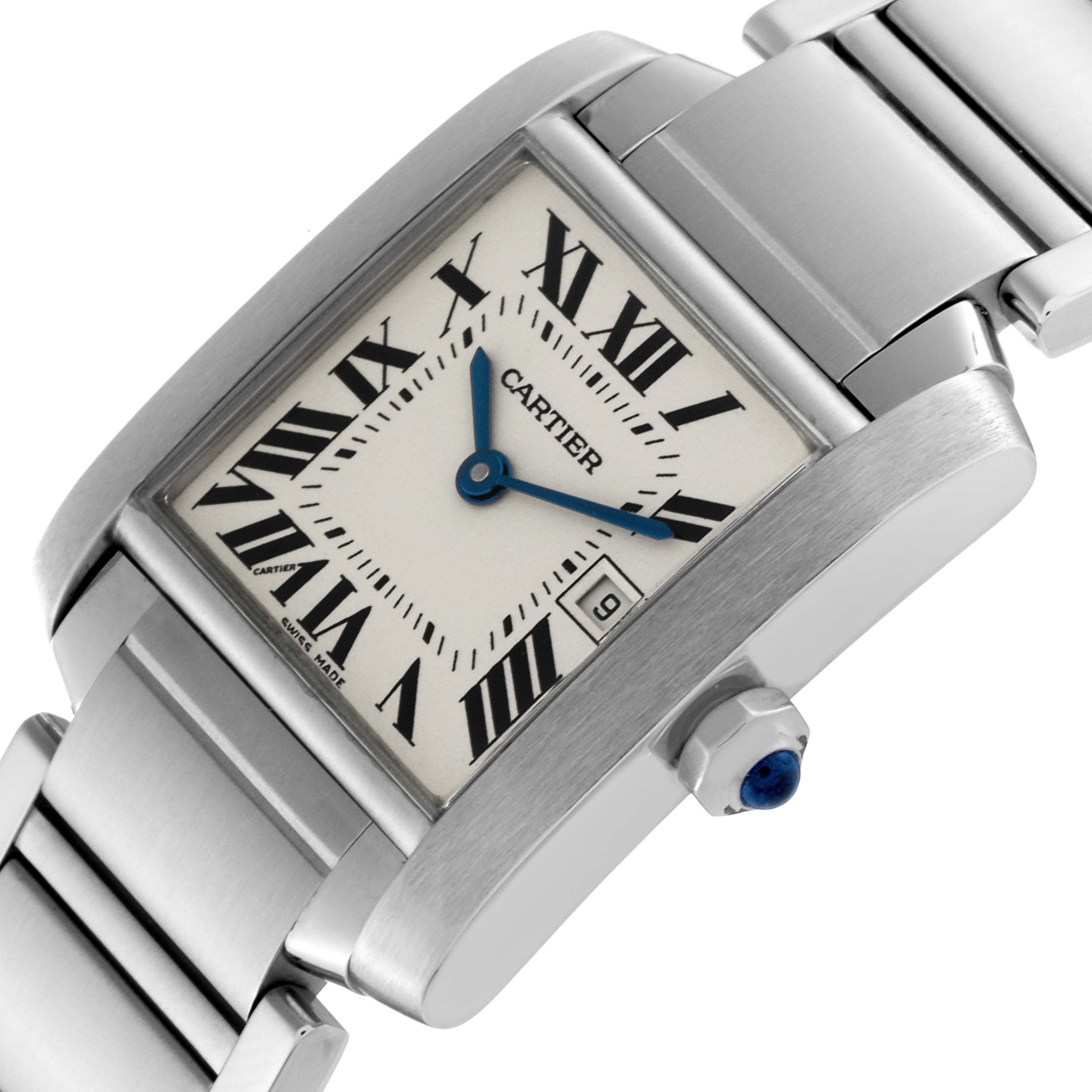 The image shows a close-up angle of a Cartier Tank Francaise W51011Q3 Women
s Stainless Steel Silver Dial W51011Q3 Women
s Stainless Steel Silver Dial watch, highlighting the face, bracelet, and crown.