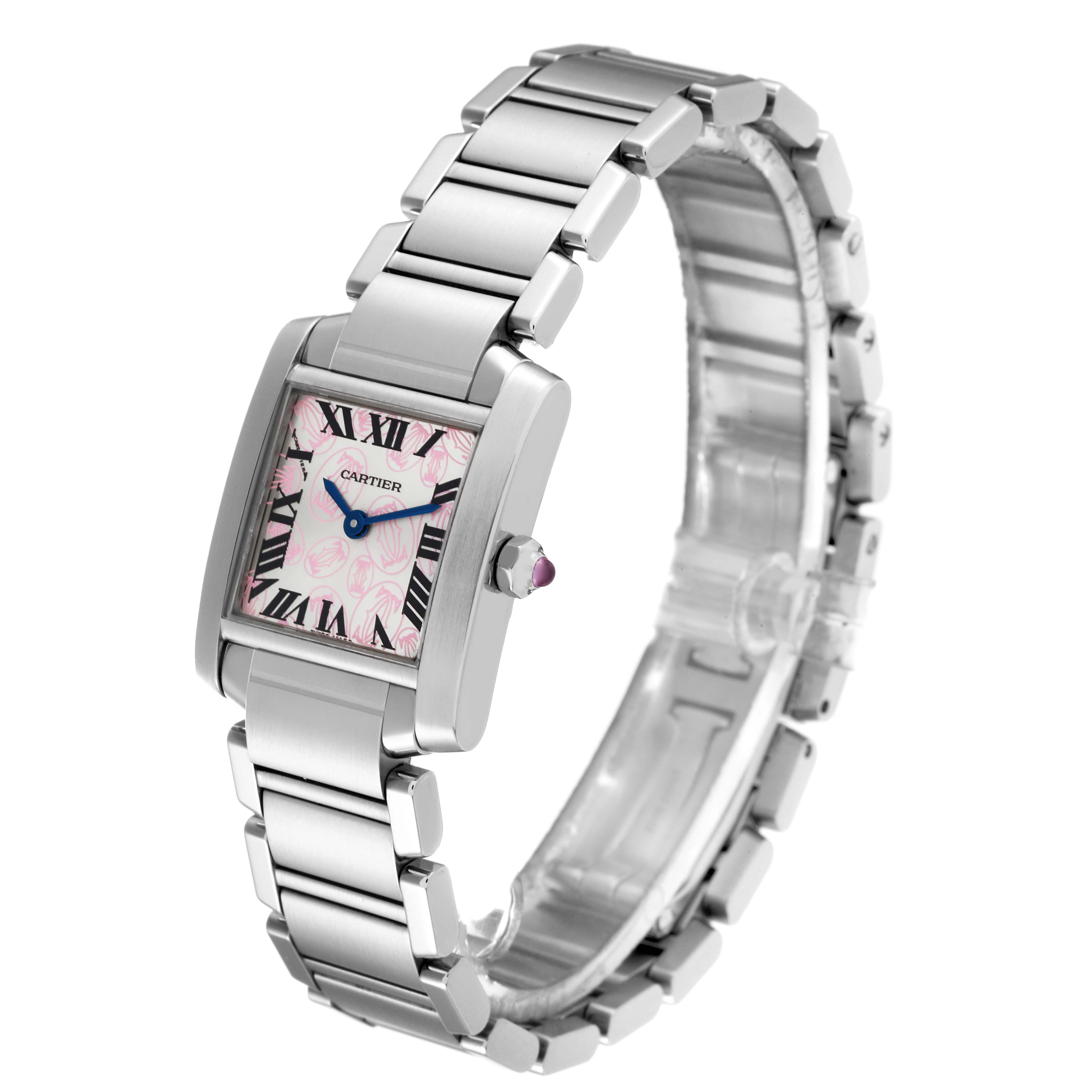 The Cartier Tank Francaise W51031Q3 Women's Stainless Steel Silver Dial W51031Q3 Women's Stainless Steel Silver Dial watch is shown at an angle highlighting its face, bracelet, and side profile.