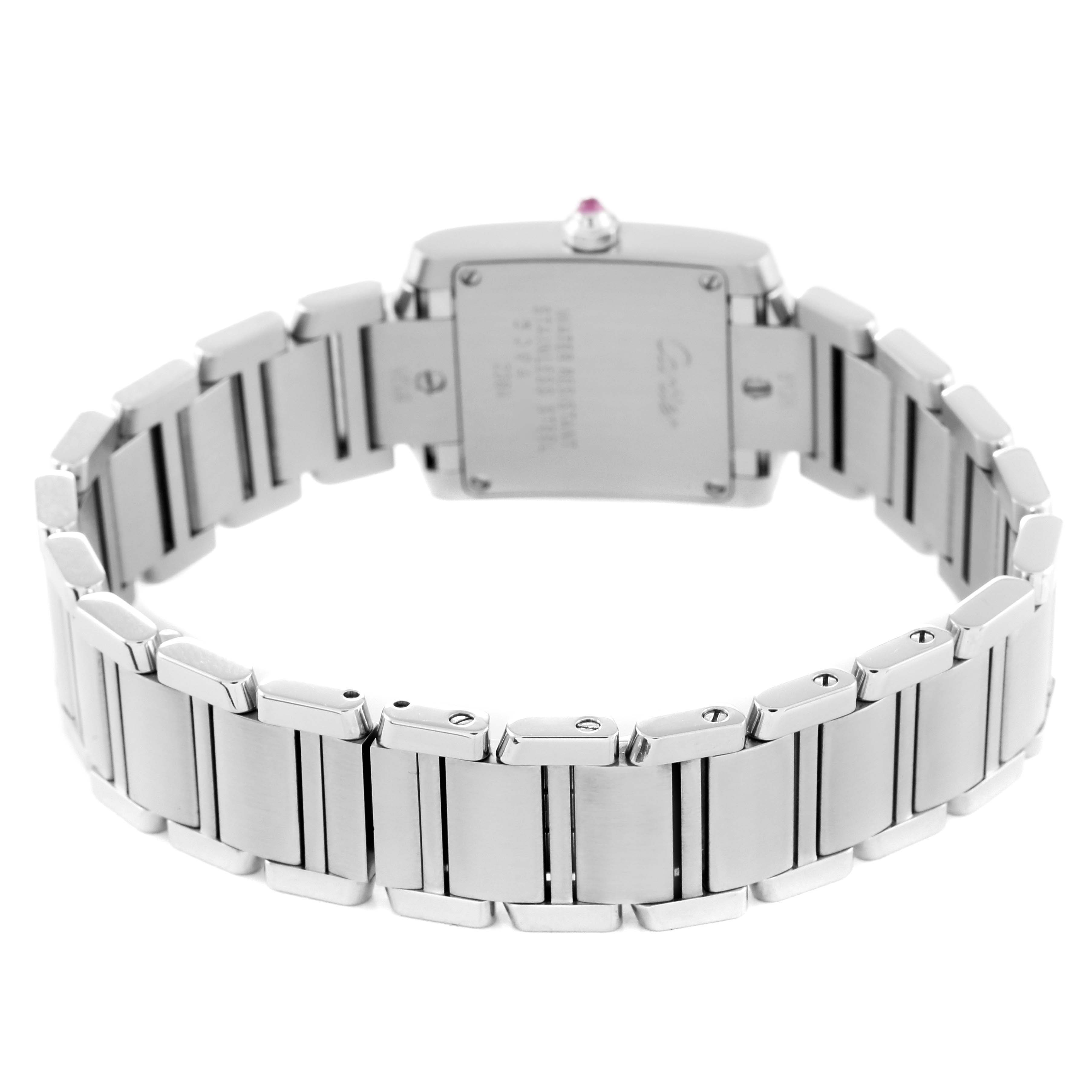 The image shows the back and bracelet of a Cartier Tank Francaise W51031Q3 Women's Stainless Steel Silver Dial W51031Q3 Women's Stainless Steel Silver Dial watch, highlighting its stainless steel links and case back.