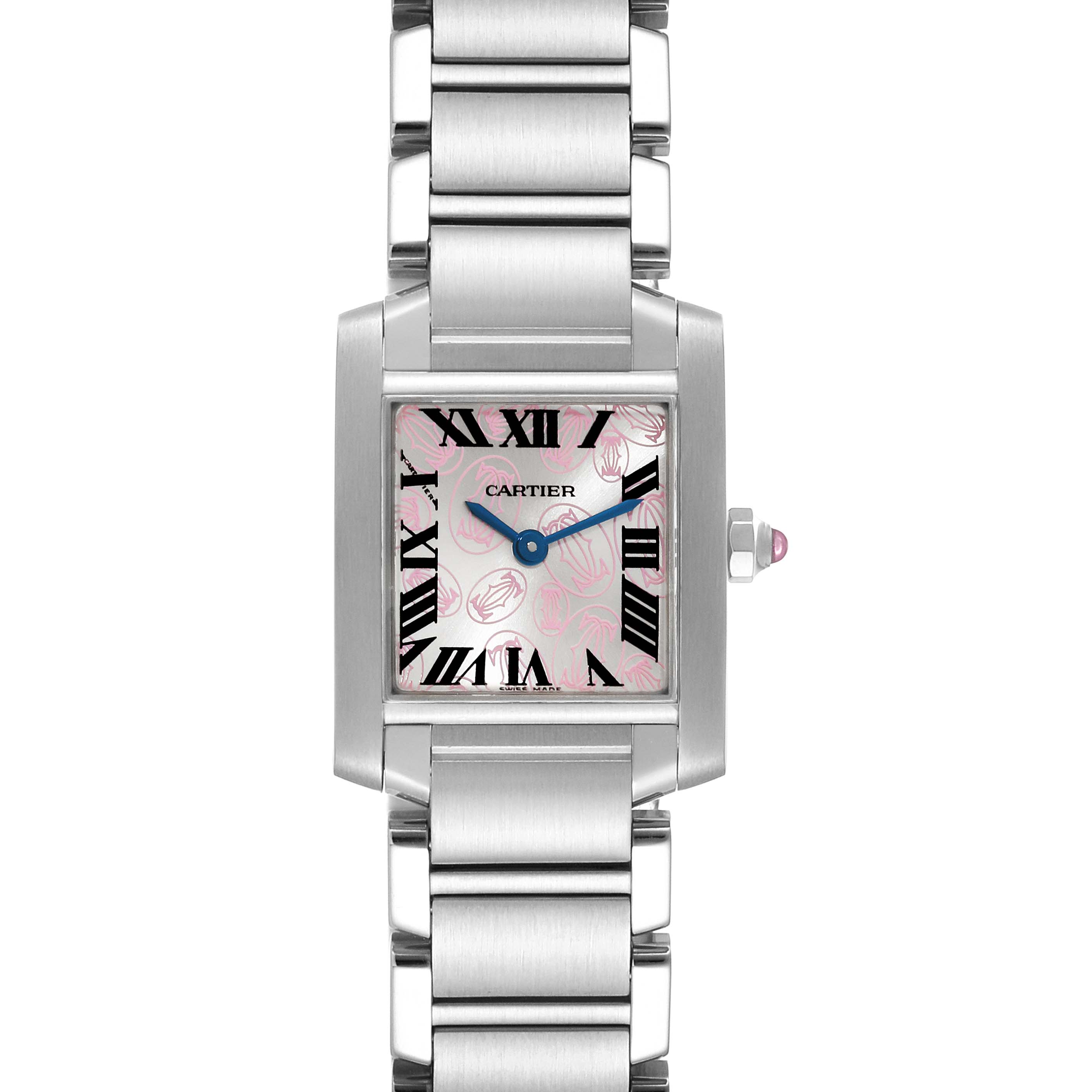The image shows a front view of a Cartier Tank Francaise W51031Q3 Women's Stainless Steel Silver Dial W51031Q3 Women's Stainless Steel Silver Dial watch, displaying its dial and part of the bracelet.