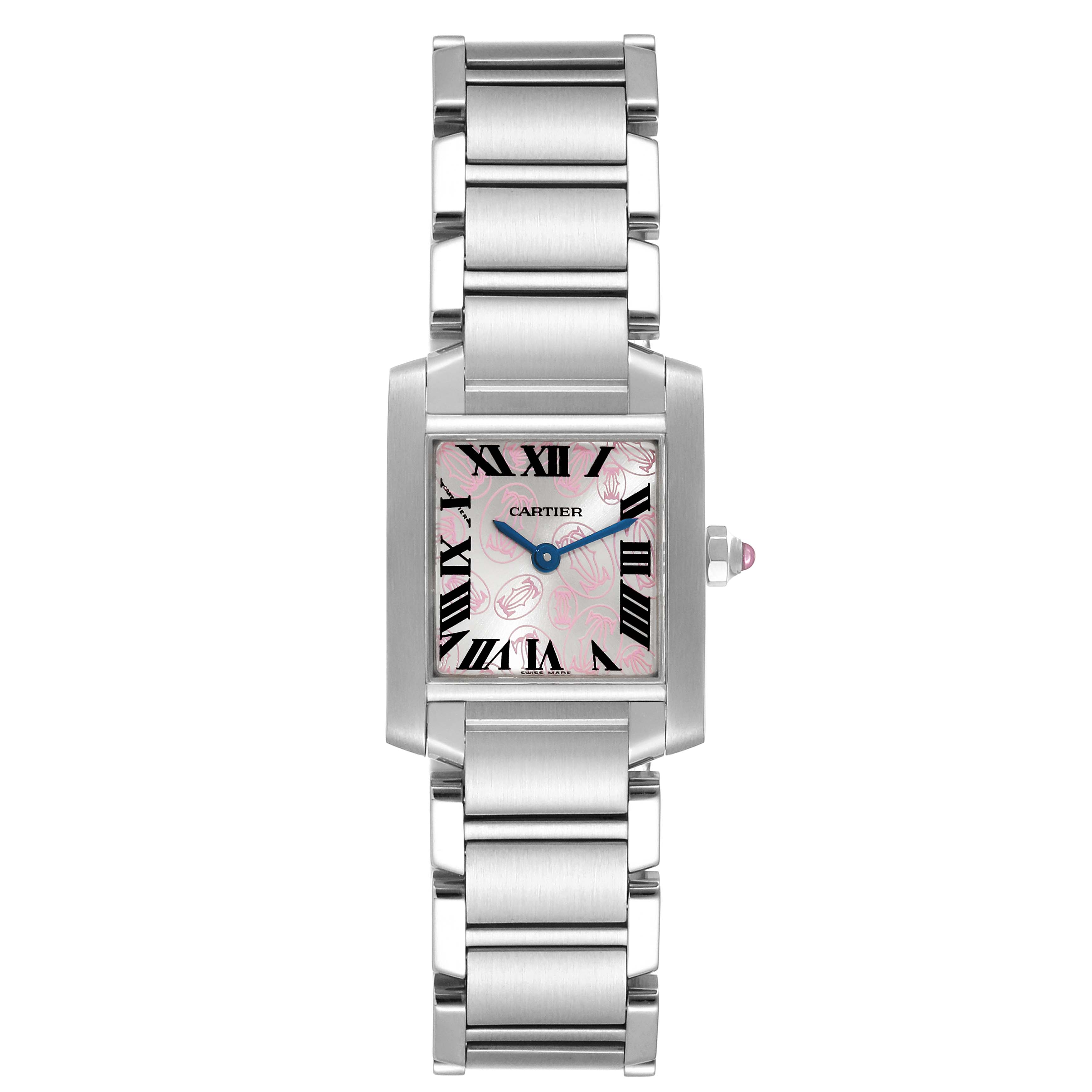 The image shows a front view of the Cartier Tank Francaise W51031Q3 Women's Stainless Steel Silver Dial W51031Q3 Women's Stainless Steel Silver Dial watch, displaying its face, crown, and metal bracelet.
