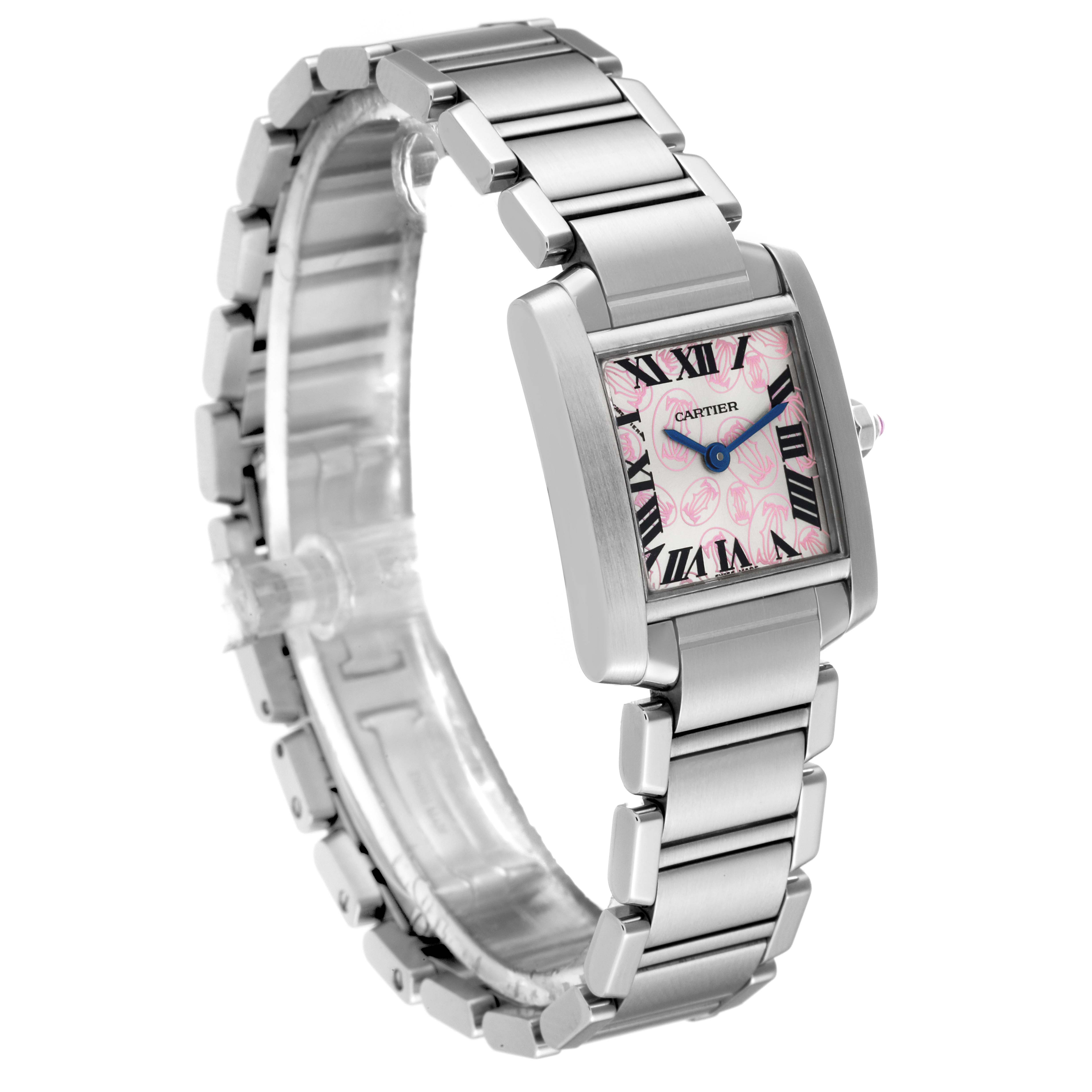 The Cartier Tank Française watch is shown at an angle showcasing its face, the metal strap, and the distinctive pink dial.