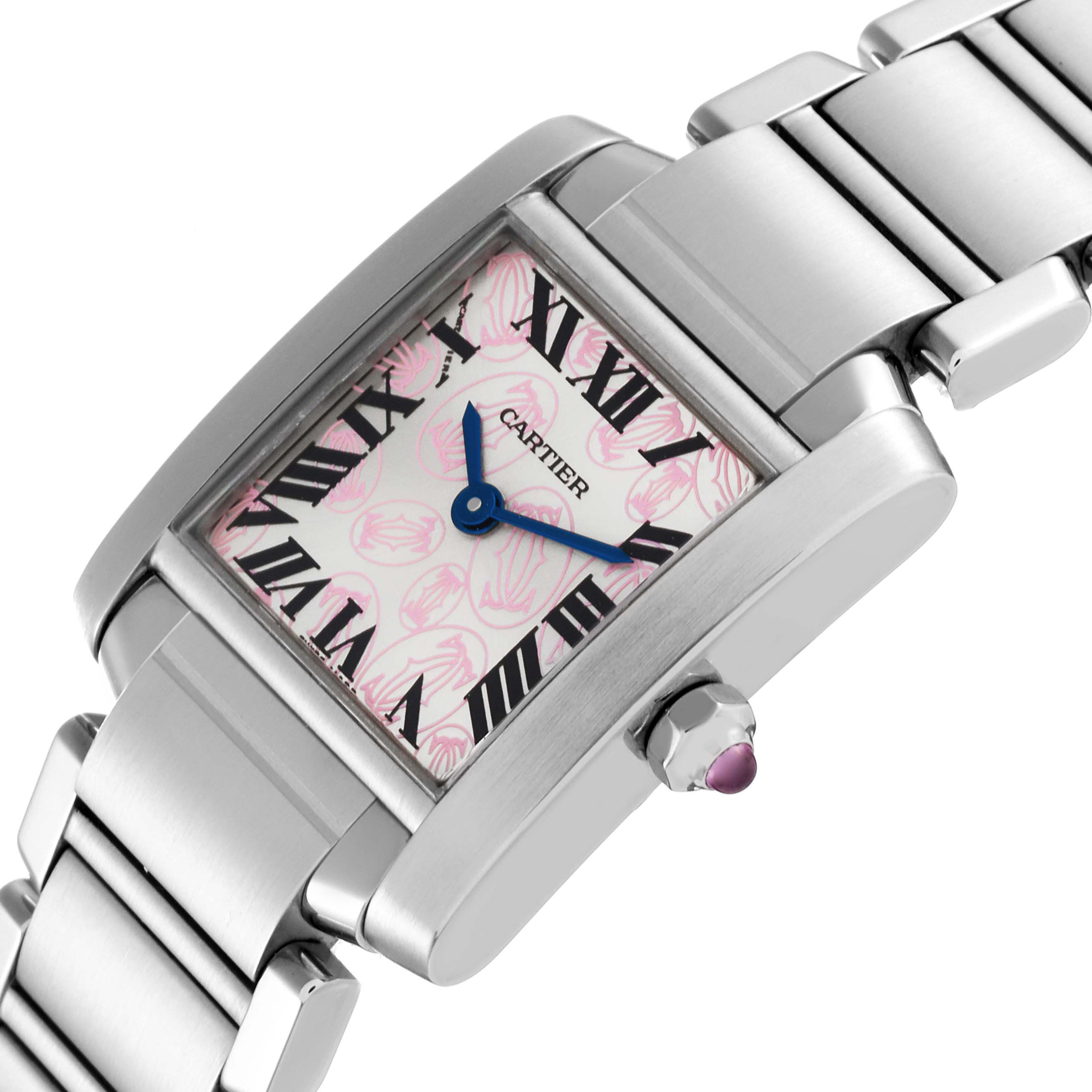 The Cartier Tank Francaise W51031Q3 Women's Stainless Steel Silver Dial W51031Q3 Women's Stainless Steel Silver Dial watch is shown at an angle highlighting its face, band, and crown with a jewel detail.