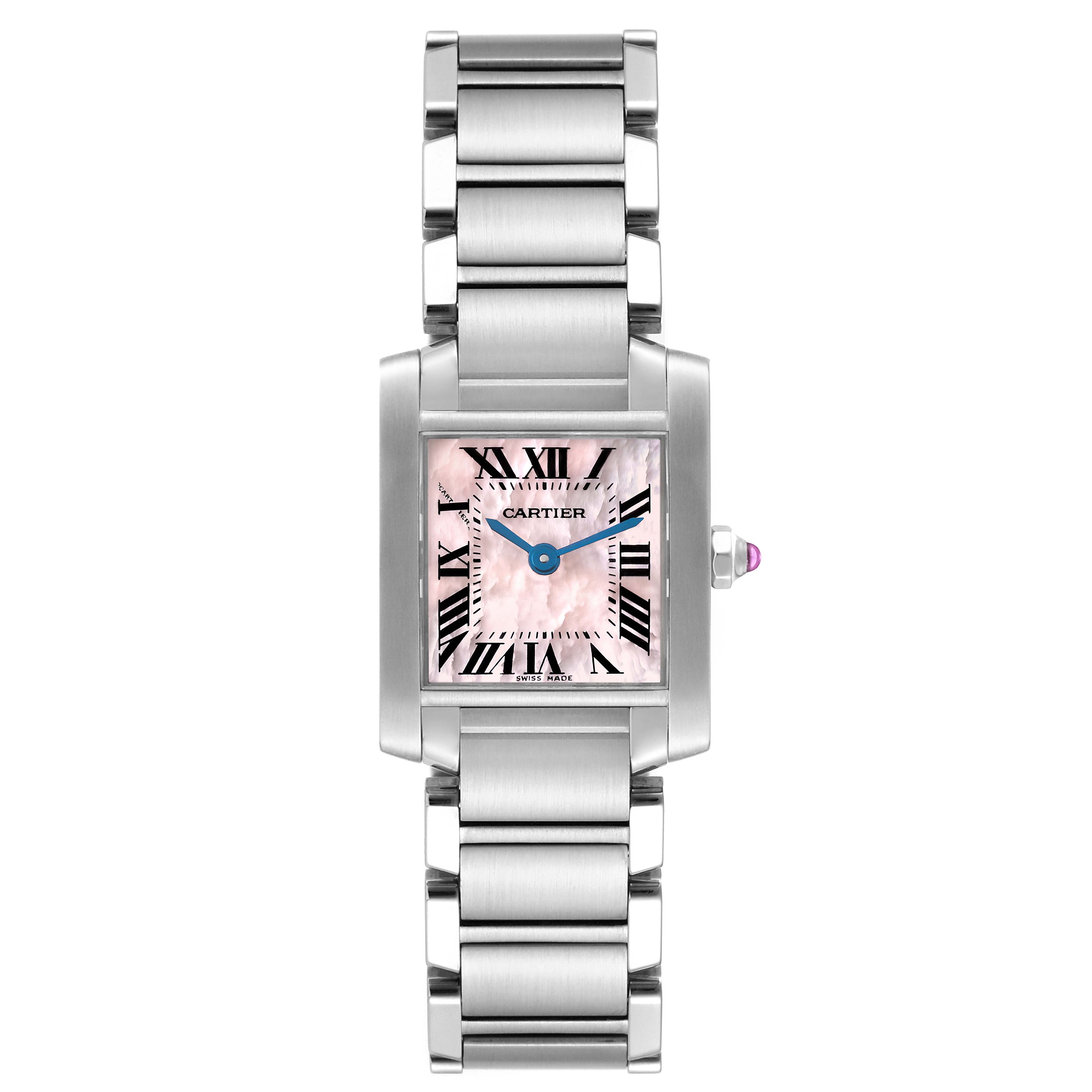 This is a front view of the Cartier Tank Française watch featuring its dial, case, crown, and stainless steel bracelet.