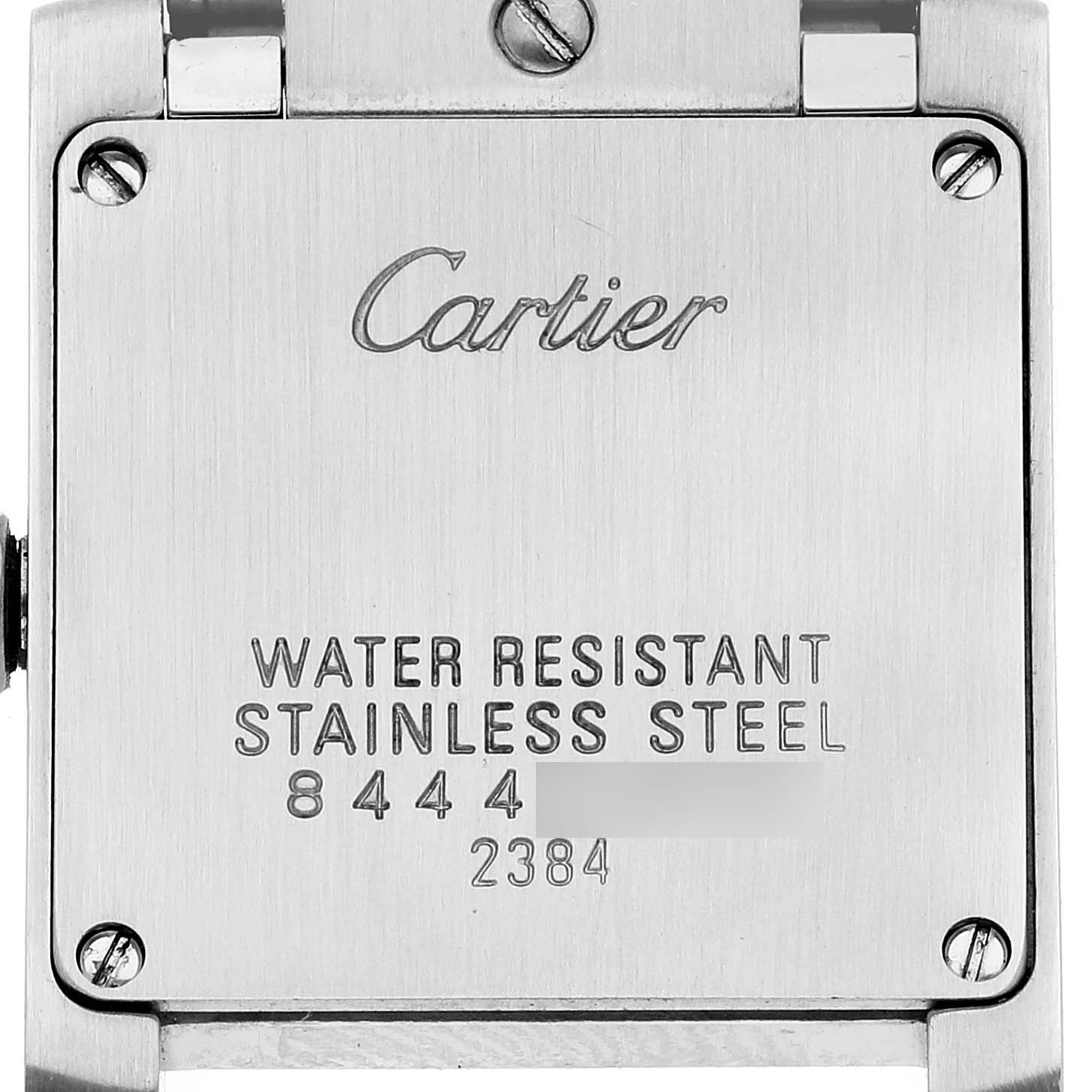 The image shows the back case of a Cartier Tank Francaise W51028Q3 Women's Stainless Steel Pink Dial W51028Q3 Women's Stainless Steel Pink Dial watch, displaying branding and water resistance information.