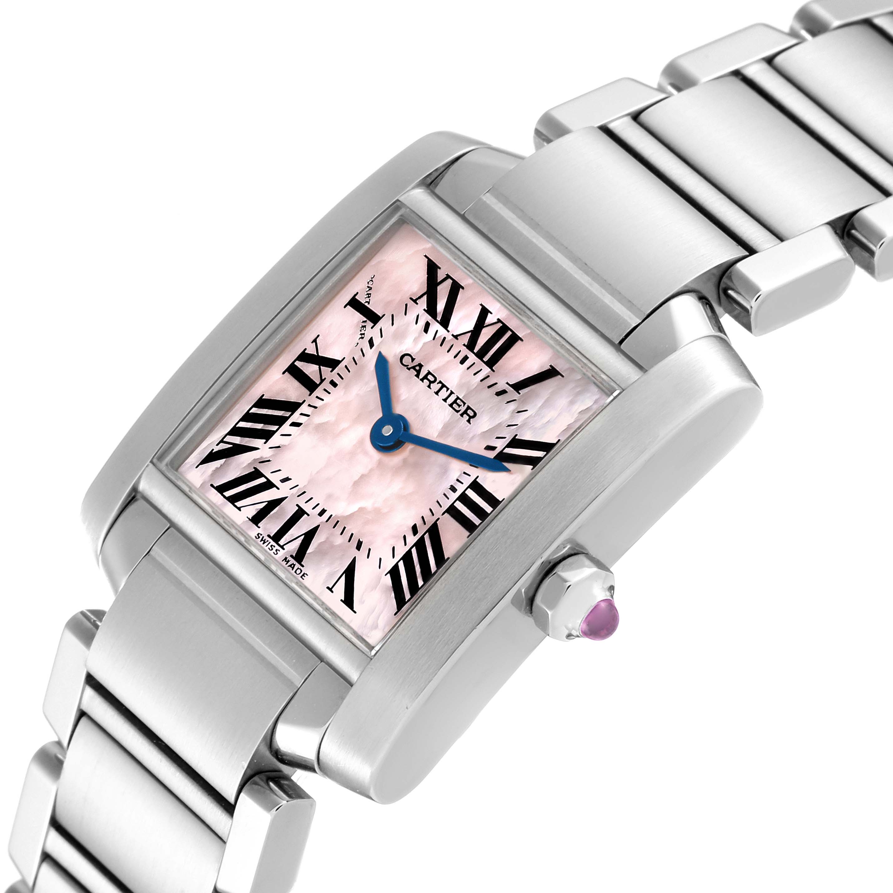 The image shows a close-up of the Cartier Tank Francaise W51028Q3 Women's Stainless Steel Pink Dial W51028Q3 Women's Stainless Steel Pink Dial watch, highlighting its face, crown, and metal bracelet from an angled view.