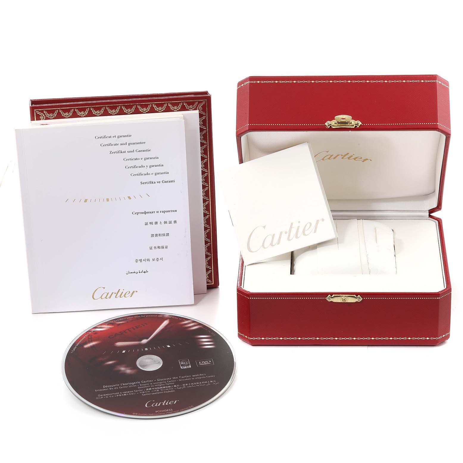 The image displays the Cartier Tank Francaise W51028Q3 Women's Stainless Steel Pink Dial W51028Q3 Women's Stainless Steel Pink Dial model’s red box, certificates, and a CD from a high angle.