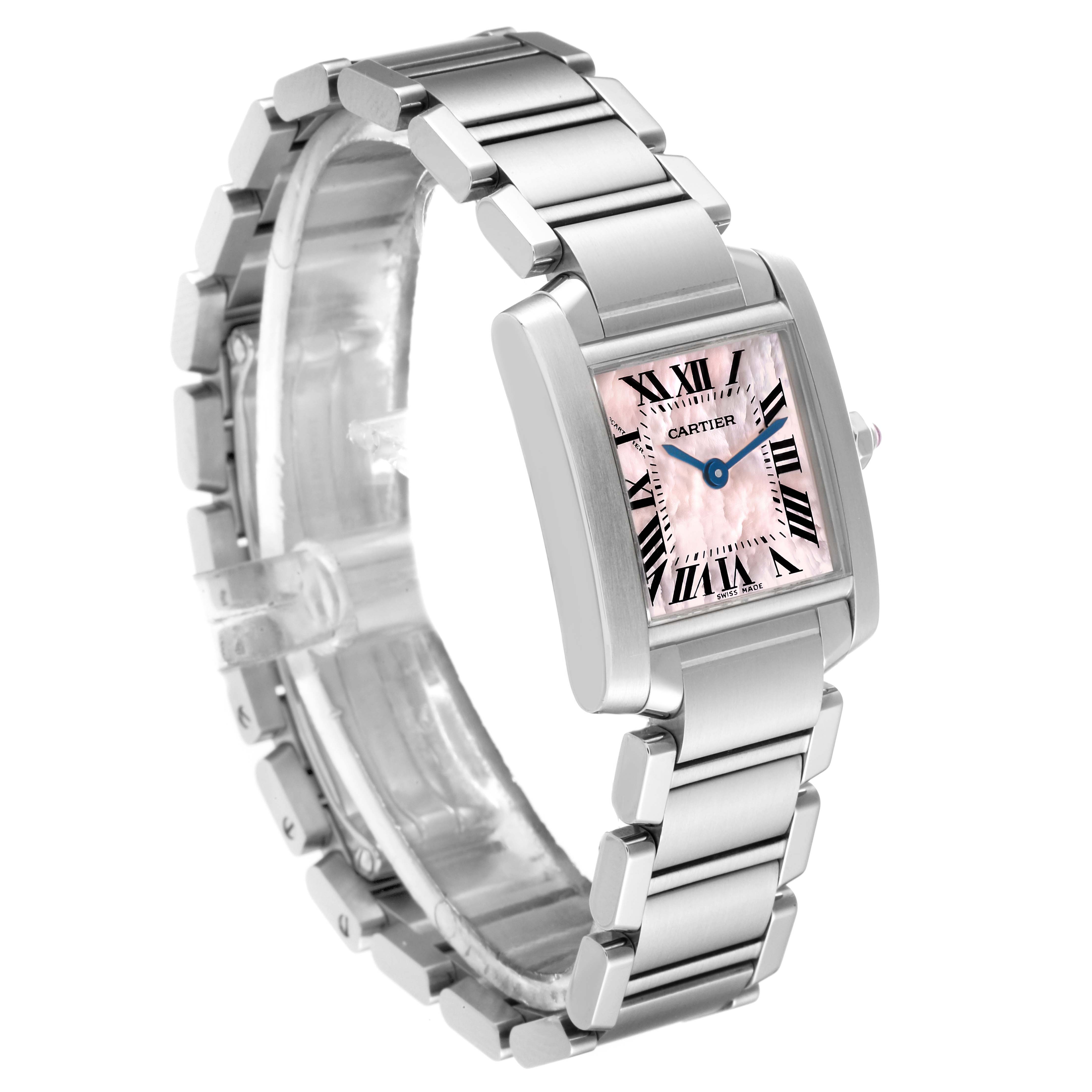 The Cartier Tank Francaise W51028Q3 Women's Stainless Steel Pink Dial W51028Q3 Women's Stainless Steel Pink Dial watch is shown from a three-quarter front angle, displaying its pink dial, Roman numerals, and metal bracelet.