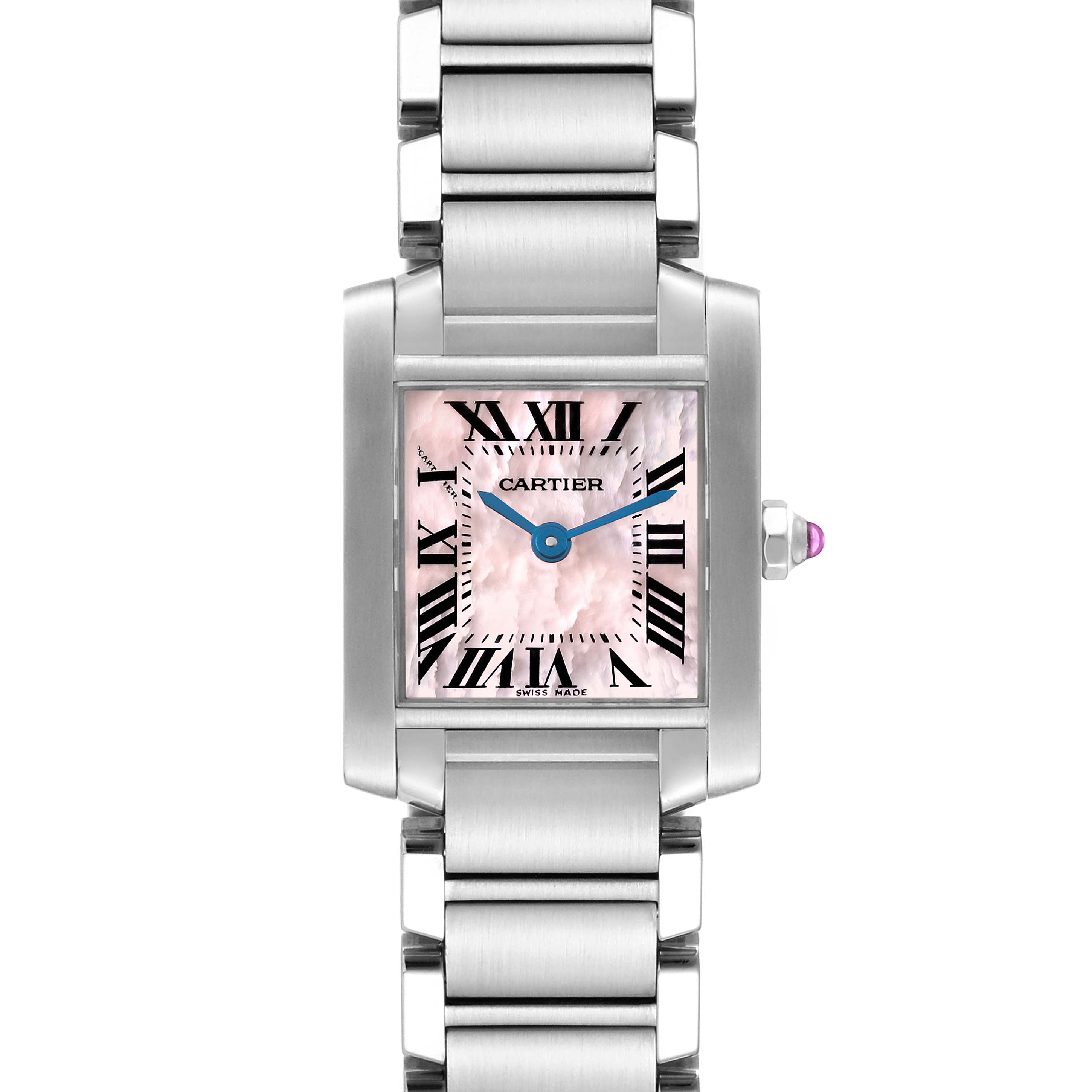 The Cartier Tank Francaise W51028Q3 Women's Stainless Steel Pink Dial W51028Q3 Women's Stainless Steel Pink Dial watch is shown from a straight-on angle, displaying the face, bracelet, and the side crown.