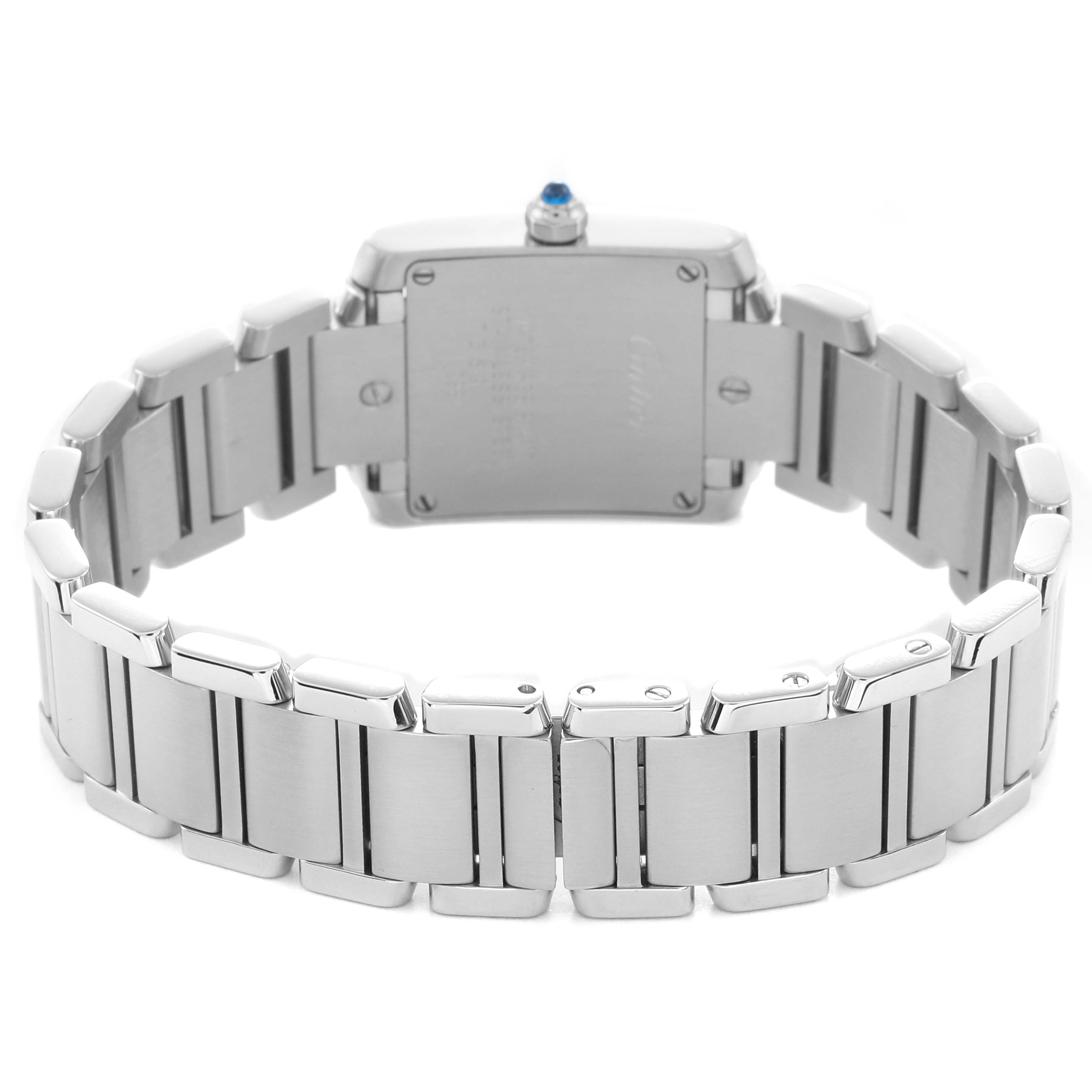 The image shows the back view of the Cartier Tank Francaise W51008Q3 Women's Stainless Steel Silver Dial W51008Q3 Women's Stainless Steel Silver Dial watch, highlighting the case back and stainless steel bracelet.