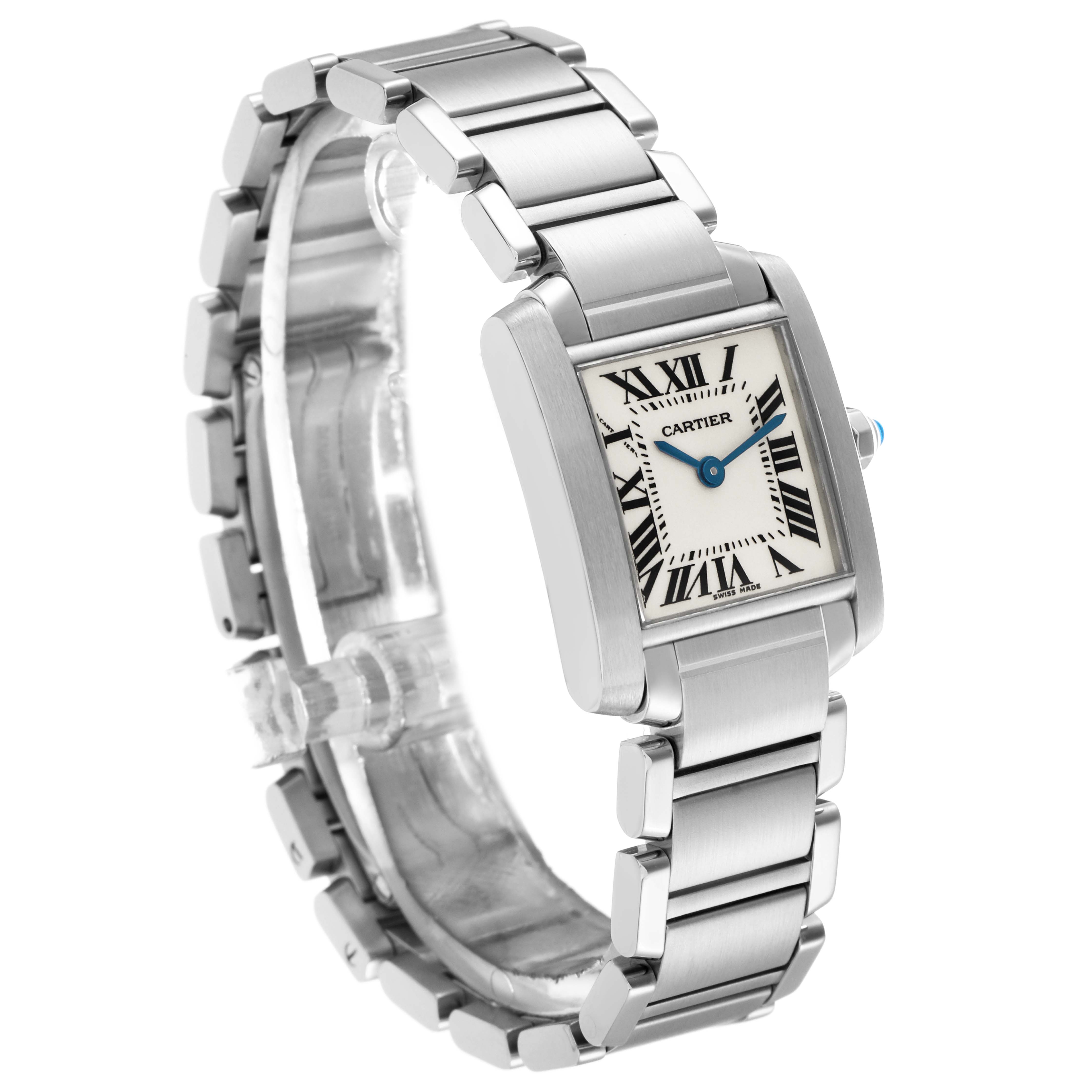 The Cartier Tank Francaise W51008Q3 Women's Stainless Steel Silver Dial W51008Q3 Women's Stainless Steel Silver Dial watch is shown at a three-quarter angle, highlighting the face, case, and metal bracelet.