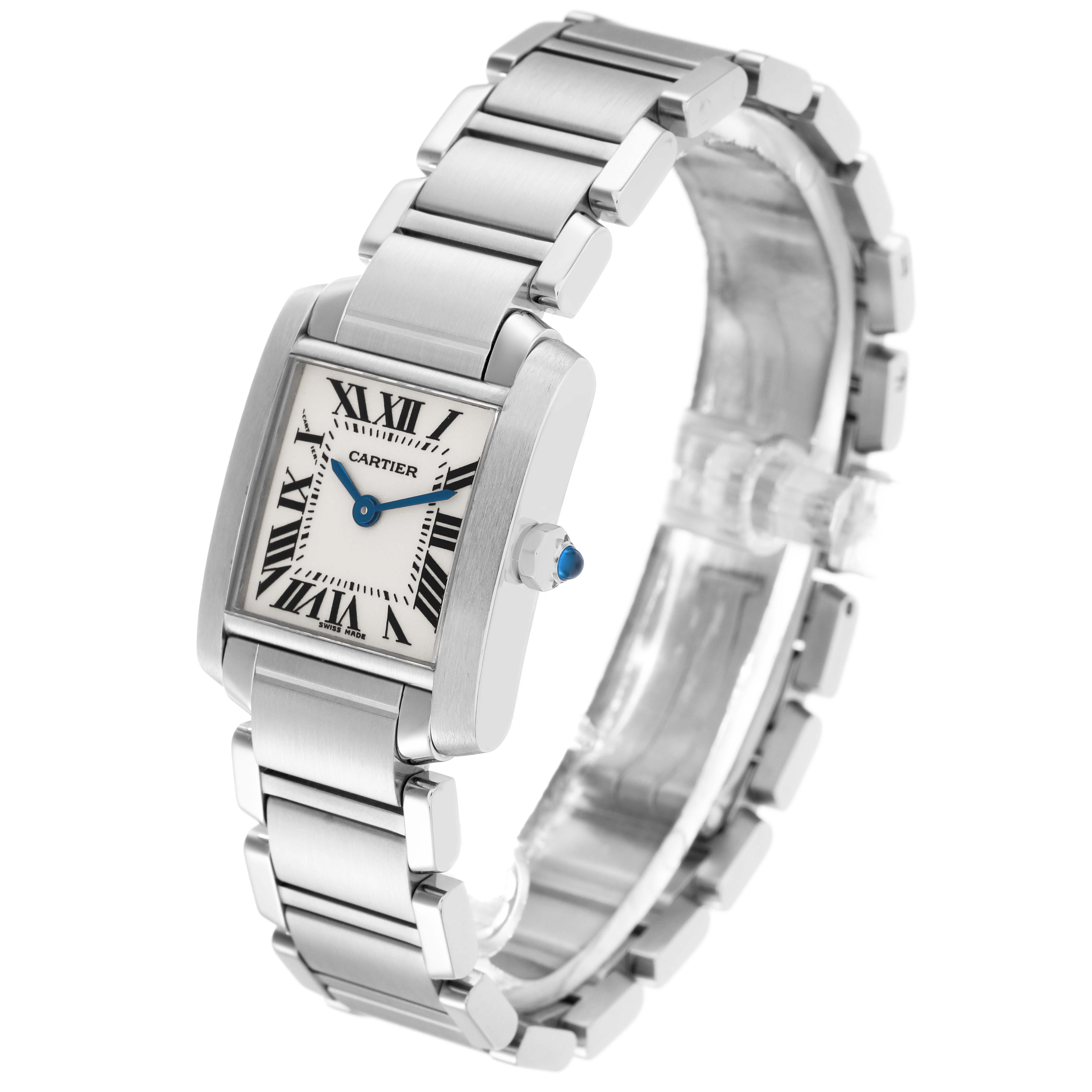 The Cartier Tank Francaise W51008Q3 Women's Stainless Steel Silver Dial W51008Q3 Women's Stainless Steel Silver Dial is shown from an angled top perspective, highlighting its bracelet, case, and crown.