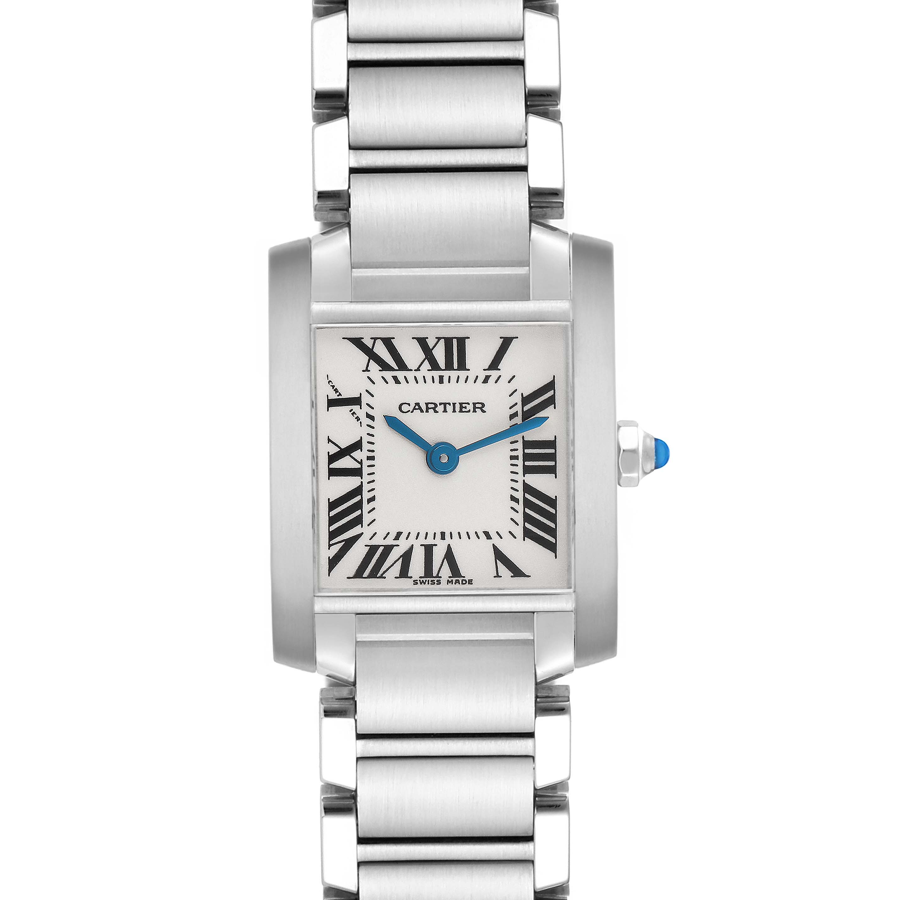The Tank Francaise by Cartier is shown from a front angle, displaying the dial, case, bracelet, and crown.