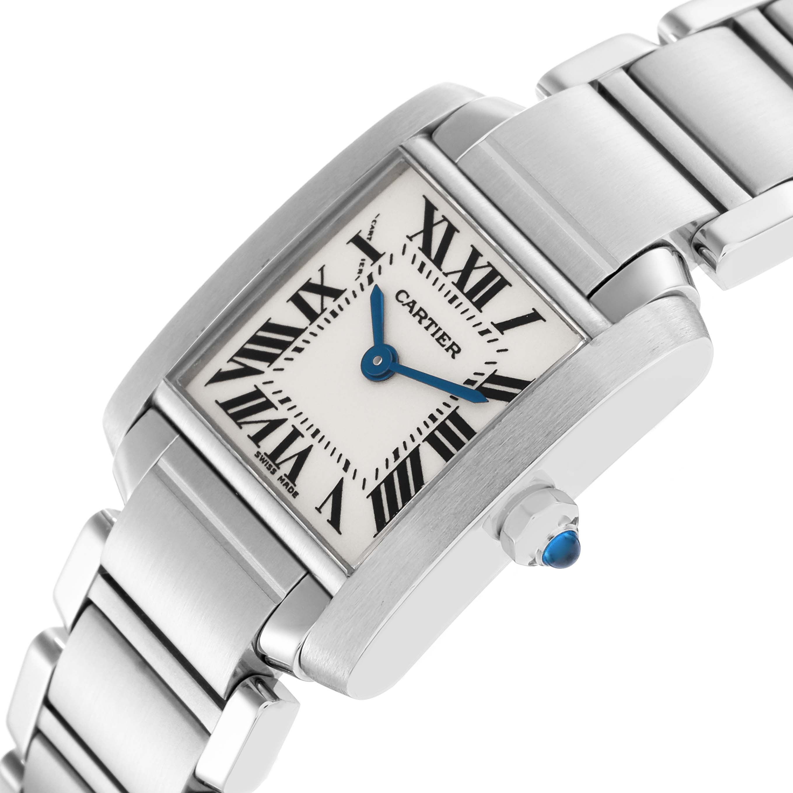 The Cartier Tank Francaise W51008Q3 Women's Stainless Steel Silver Dial W51008Q3 Women's Stainless Steel Silver Dial watch is shown at an angled view highlighting the face, roman numerals, hands, and part of the steel bracelet.