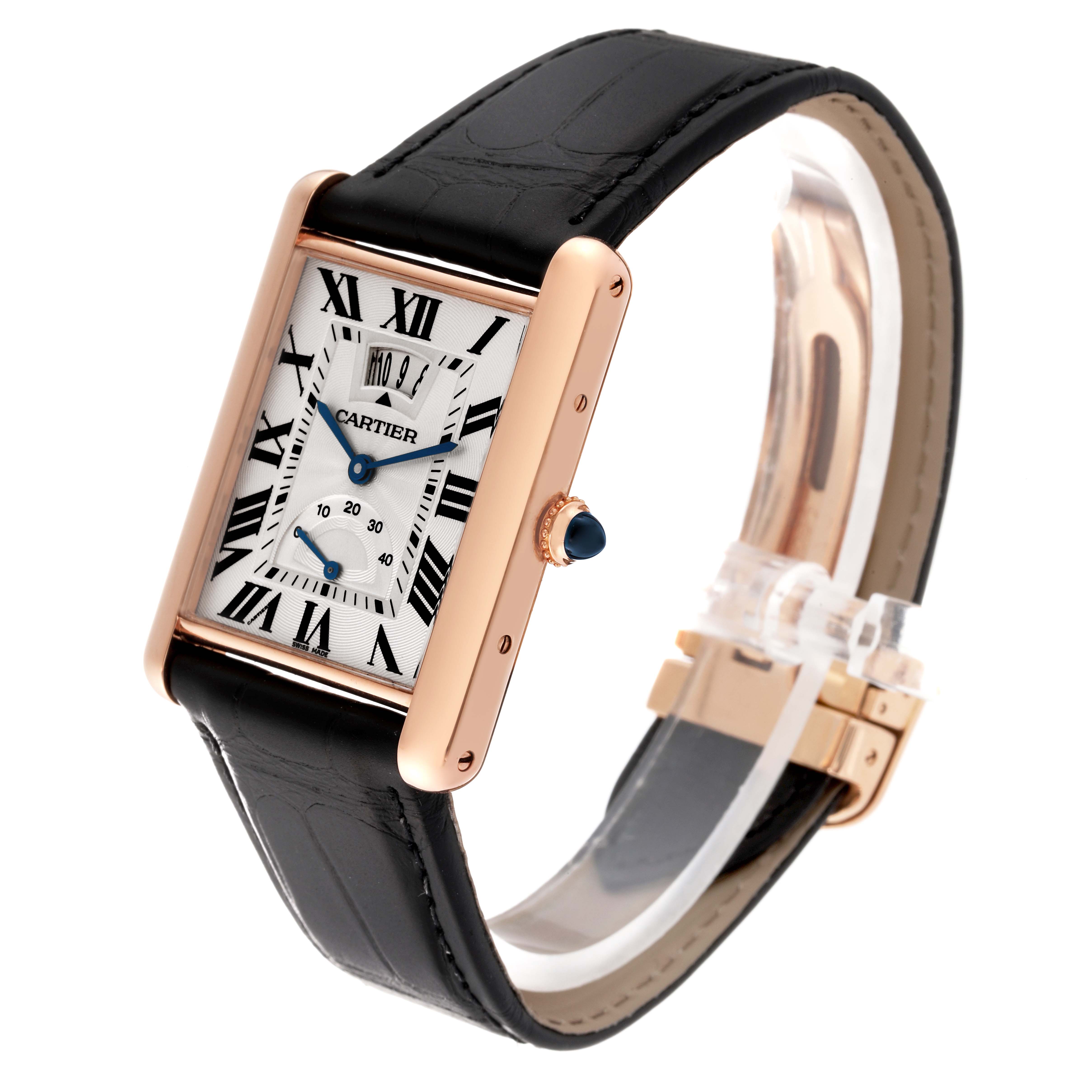The Cartier Tank Louis W1560003 Men's Rose Gold Silver Dial W1560003 Men's Rose Gold Silver Dial watch is shown at a three-quarter angle, revealing the face, crown, strap, and buckle.