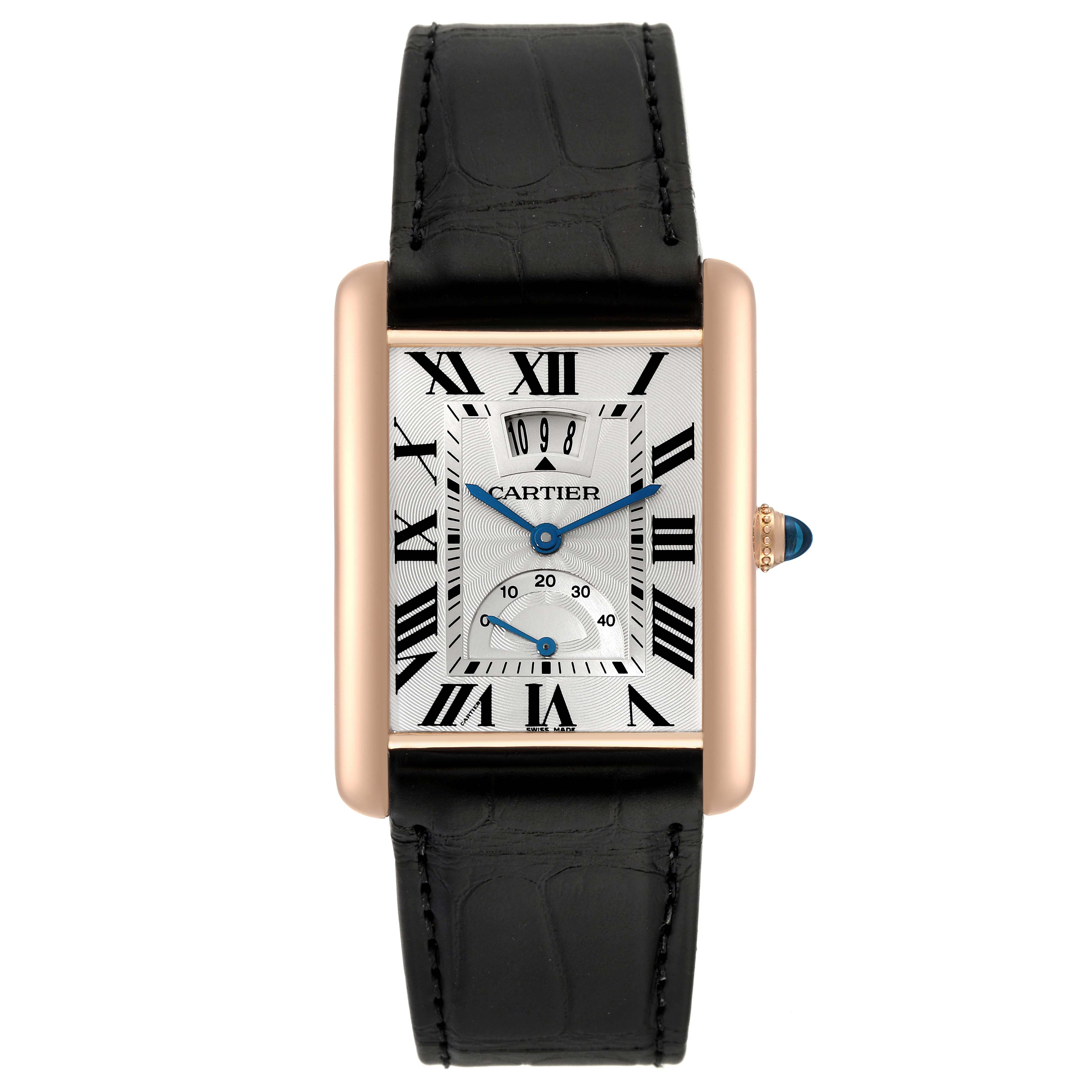 The image shows a front view of the Cartier Tank Louis W1560003 Men's Rose Gold Silver Dial W1560003 Men's Rose Gold Silver Dial watch, displaying the face, Roman numerals, hands, and black leather strap.