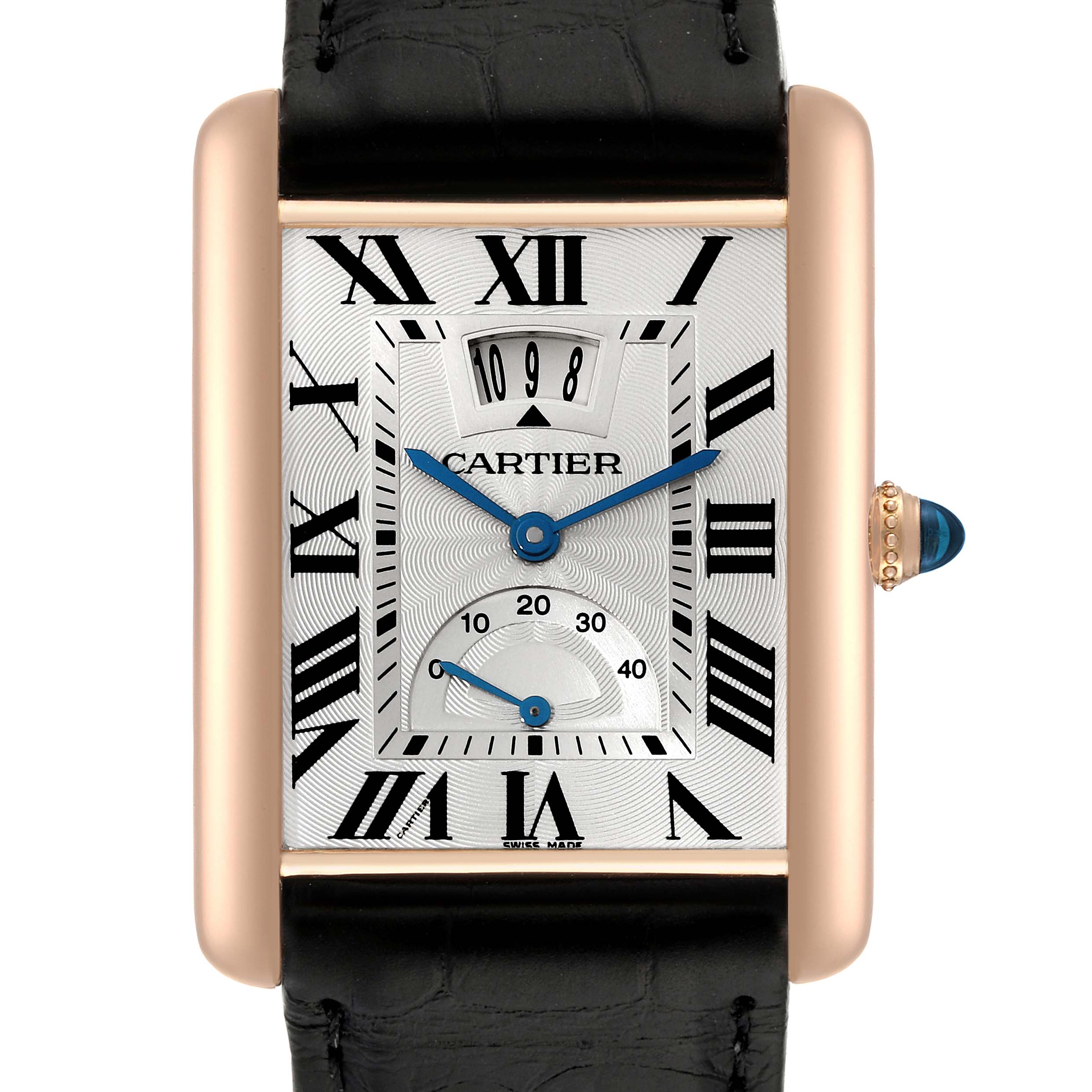 The Cartier Tank Louis W1560003 Men's Rose Gold Silver Dial W1560003 Men's Rose Gold Silver Dial watch is shown from a front angle, highlighting its dial, Roman numeral markers, and leather strap.