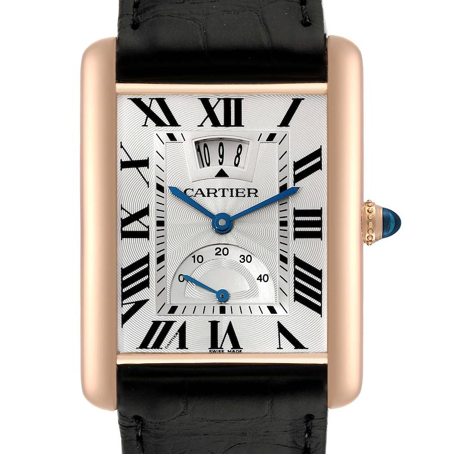 The Cartier Tank Louis watch is shown from a front angle, highlighting its dial, Roman numeral markers, and leather strap.