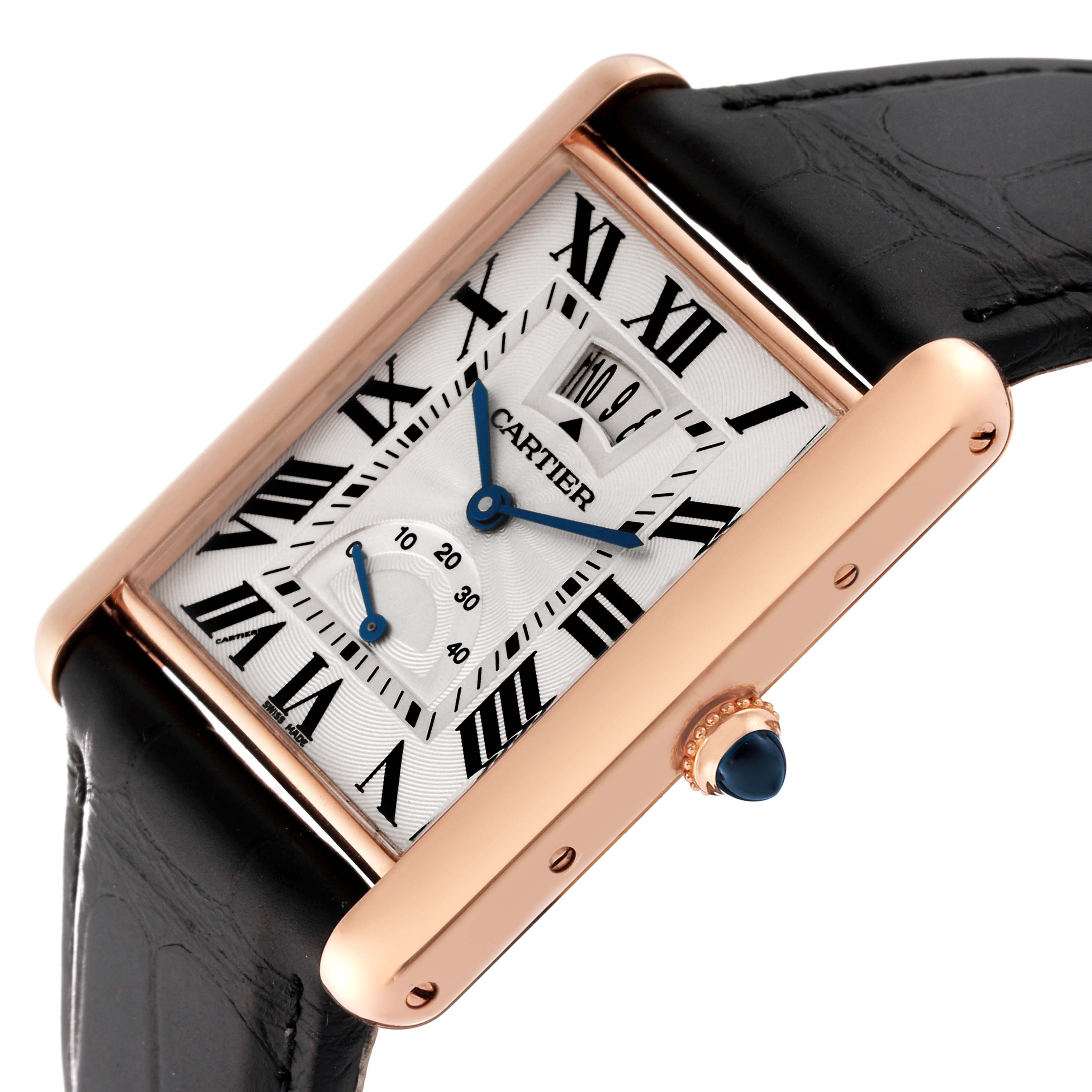 This Cartier Tank Louis W1560003 Men's Rose Gold Silver Dial W1560003 Men's Rose Gold Silver Dial model watch is shown at a tilted angle highlighting the face, crown, and part of the strap.