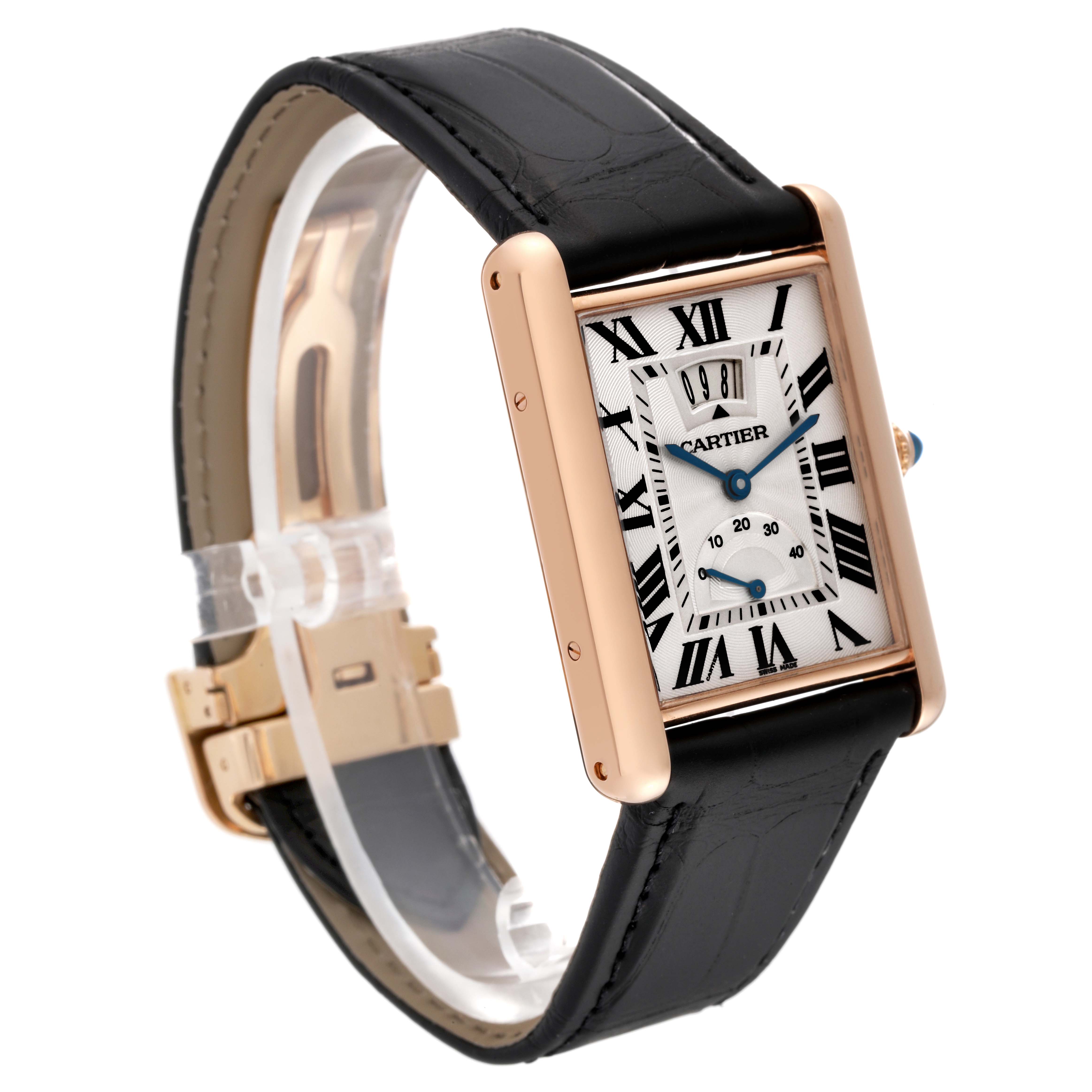This image shows a Cartier Tank Louis W1560003 Men's Rose Gold Silver Dial W1560003 Men's Rose Gold Silver Dial model watch from a front angle, highlighting the dial, case, and black leather strap.