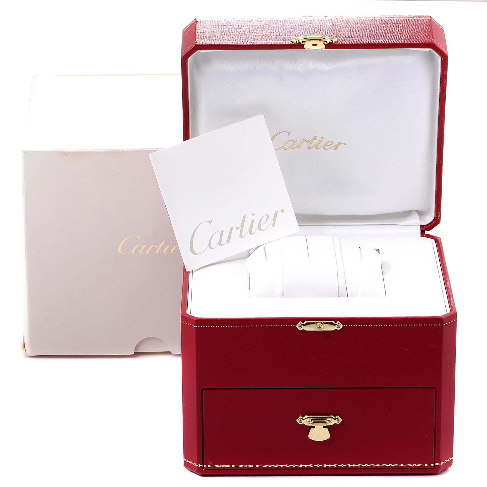The image shows the red packaging box, cushion, and documentation for the Cartier Tank Louis WJTA0010 Women's Yellow Gold Silver Dial WJTA0010 Women's Yellow Gold Silver Dial watch.