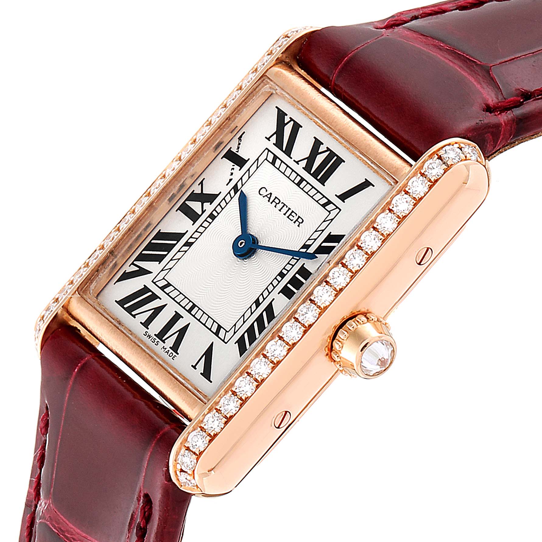 The image shows a close-up side angle of the Cartier Tank Louis WJTA0010 Women's Yellow Gold Silver Dial WJTA0010 Women's Yellow Gold Silver Dial watch, highlighting the face, leather strap, and diamond-encrusted bezel.