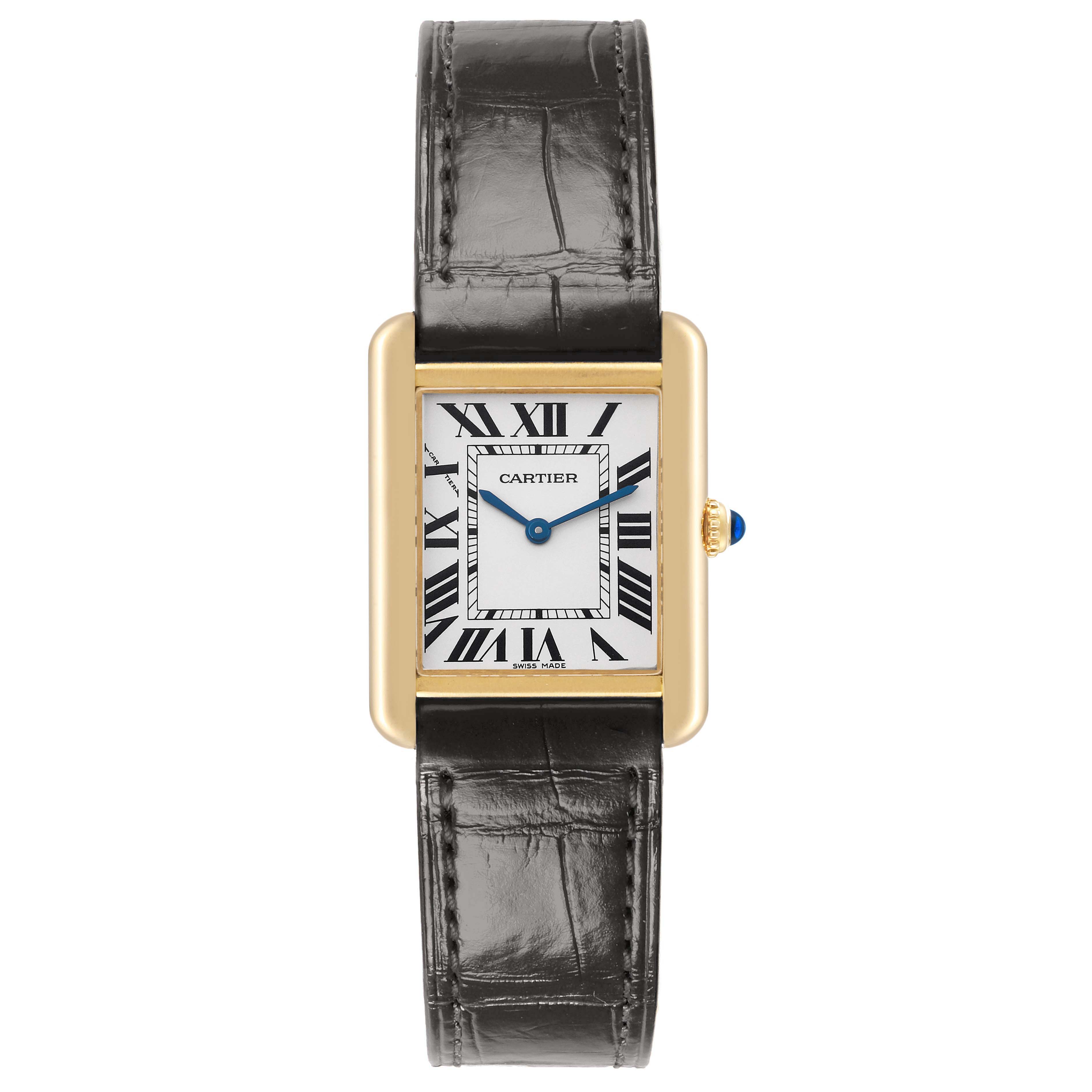 The Cartier Tank Solo W5200002 watch is shown from the front, displaying its rectangular face, gold bezel, Roman numerals, and black leather strap.