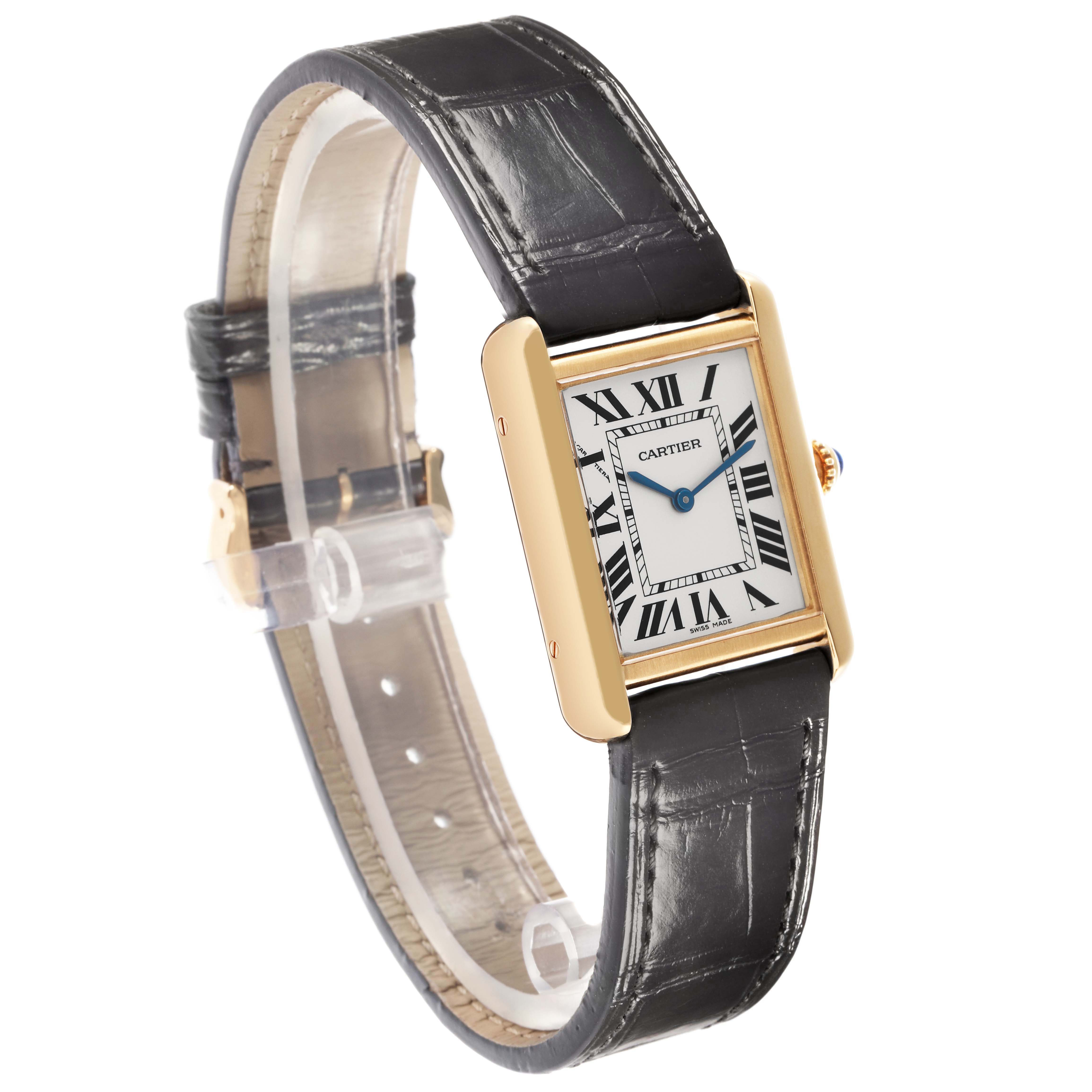 The Cartier Tank Solo W5200002 men
s watch is shown at an angled view, highlighting the rectangular face, gold case, and dark leather strap.