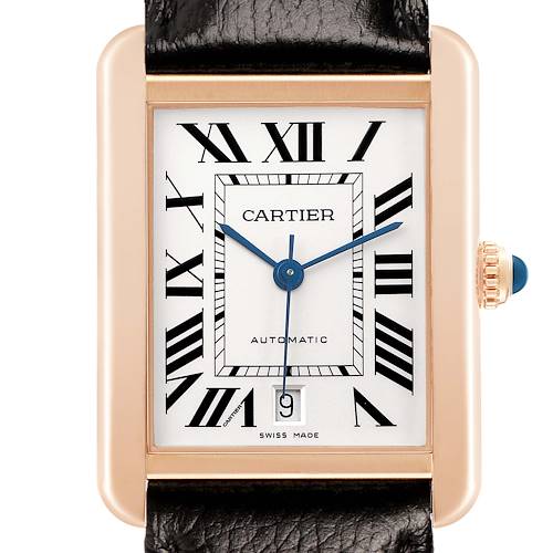 The image shows a front view of the Cartier Tank Solo W5200026 Men's Rose Gold Silver Dial watch, highlighting its rectangular face, Roman numerals, and leather strap.