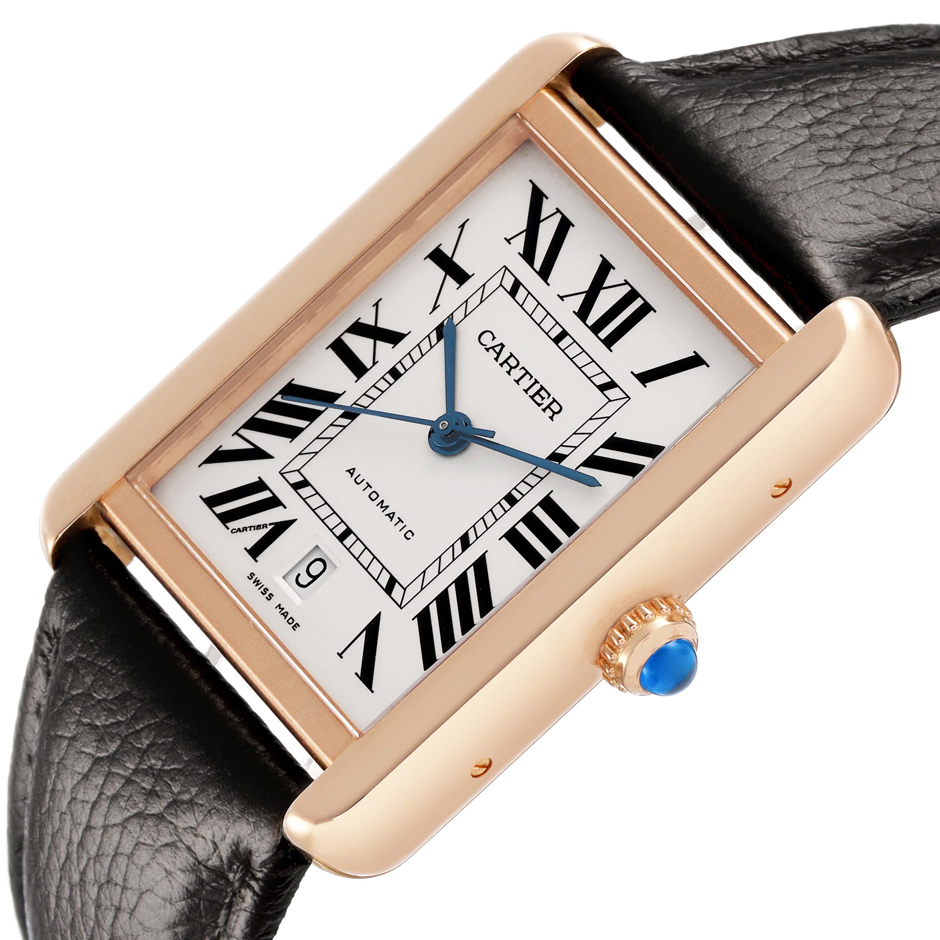 The Cartier Tank Solo W5200026 Men's Rose Gold Silver Dial watch is shown at an angled close-up, highlighting its face, Roman numerals, and crown with a blue cabochon.