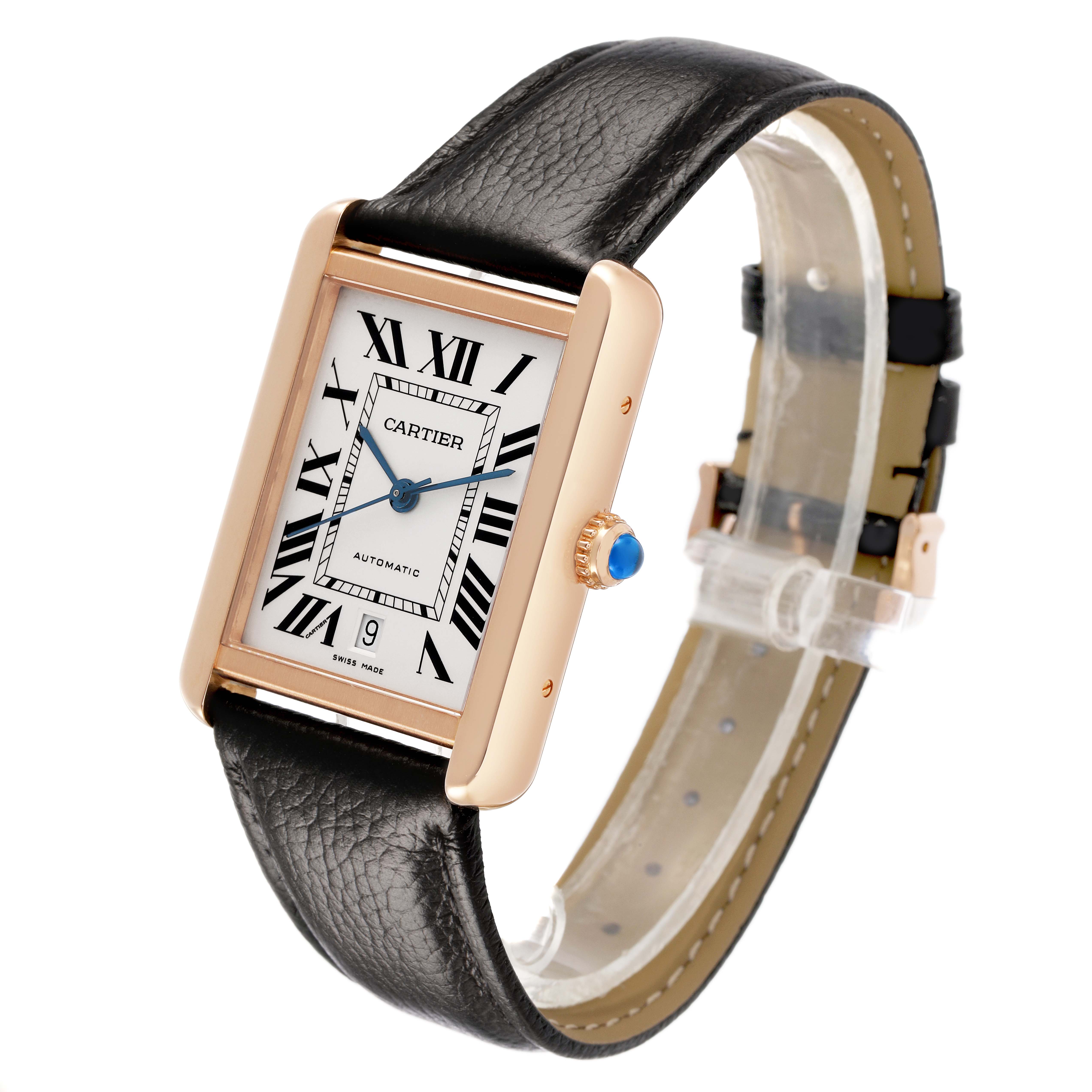 The Cartier Tank Solo W5200026 Men's Rose Gold Silver Dial is shown at a three-quarter angle, displaying the face, crown, and leather strap.